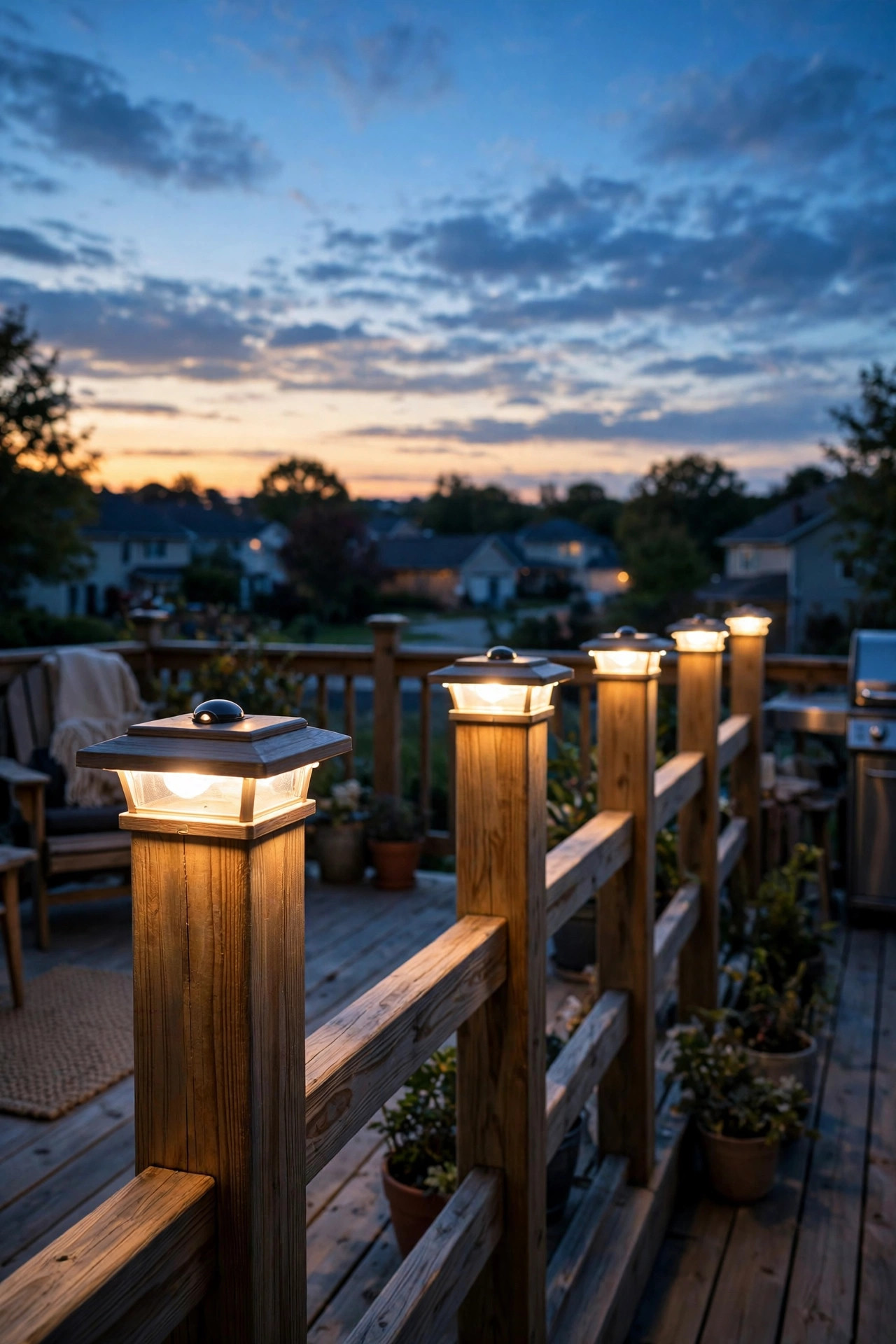 Deck post cap lights with dusk-to-dawn sensors glowing automatically at twilight