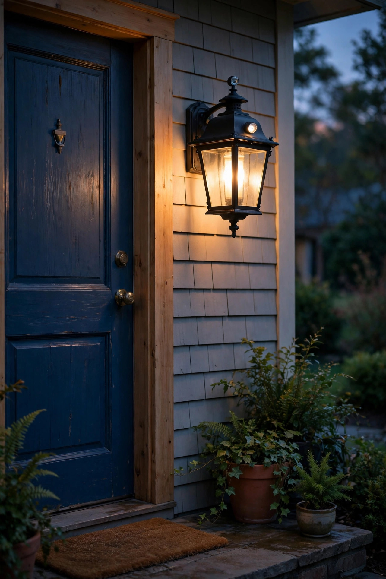 Porch lantern with a photocell glowing automatically at dusk beside a front door
