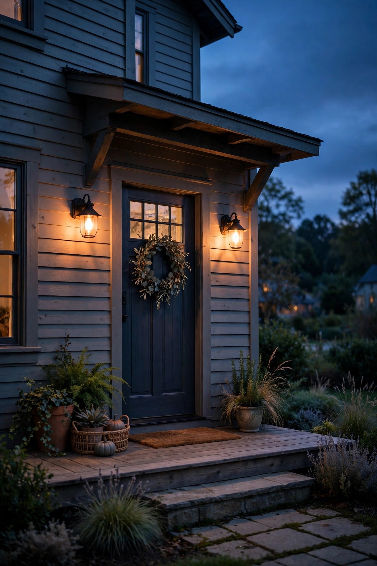 Porch lights glowing warmly at twilight as the sky deepens, lights on an automatic sunset schedule