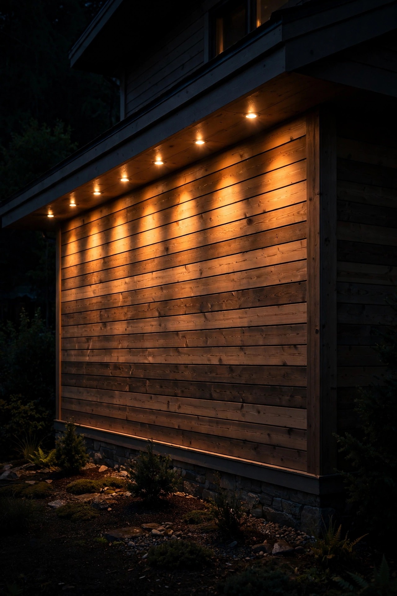 Row of small warm downlights glowing under the eave along the side wall of a house at night, light washing down to the foundation