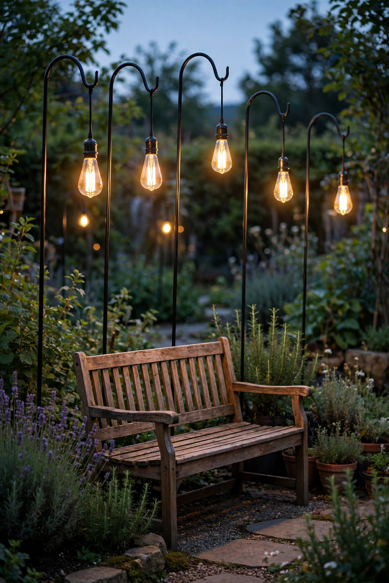 Tall shepherd's hooks holding vintage Edison bulb pendants glowing over a garden bench at dusk