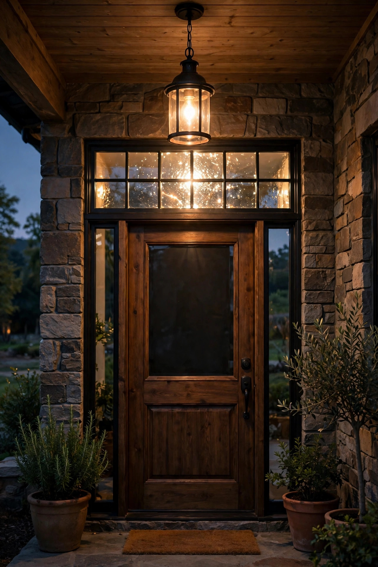 Pendant light centered above a front door making the transom glass sparkle at dusk