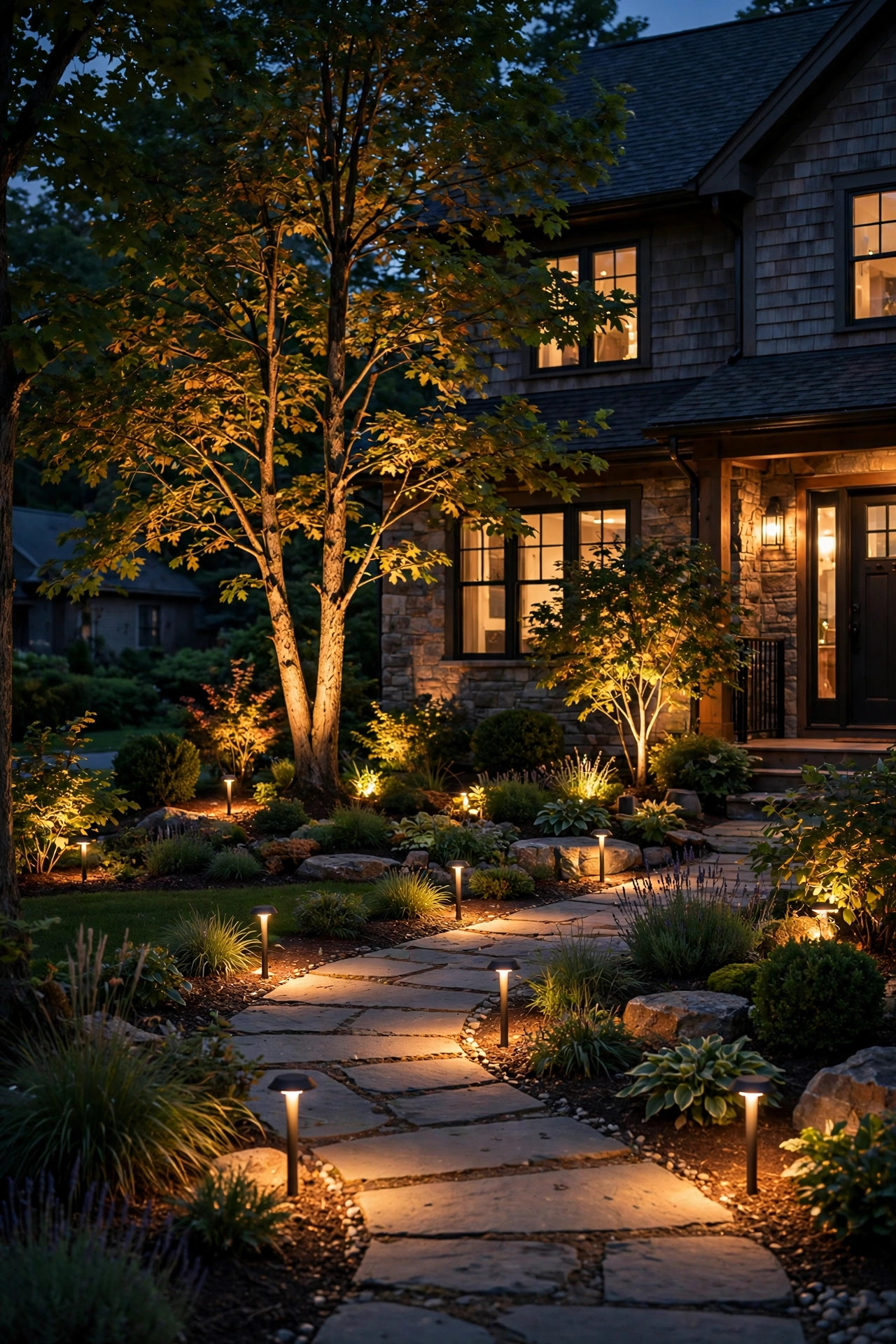 Cozy front yard glowing warm at night with LED path lights and uplights, the kind of low-wattage system that costs only a few dollars a month to run