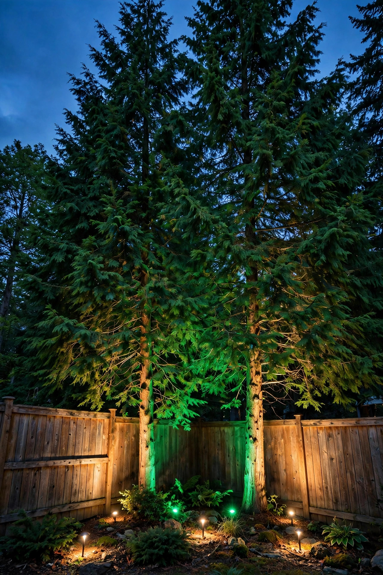 Tall evergreen trees in a backyard corner uplighted in green and warm white from ground spotlights