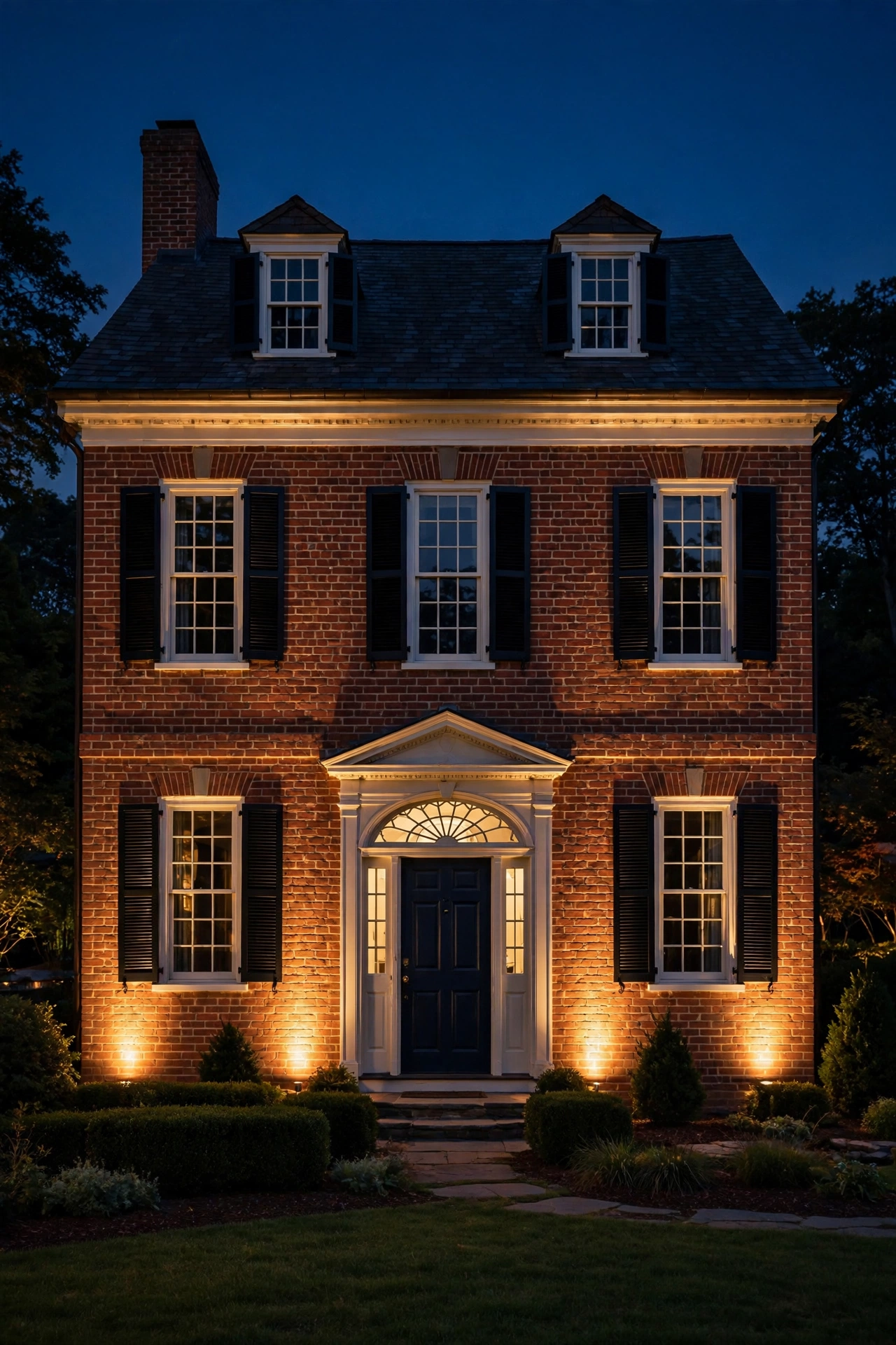 Symmetrical uplights washing a brick colonial facade with warm light at night