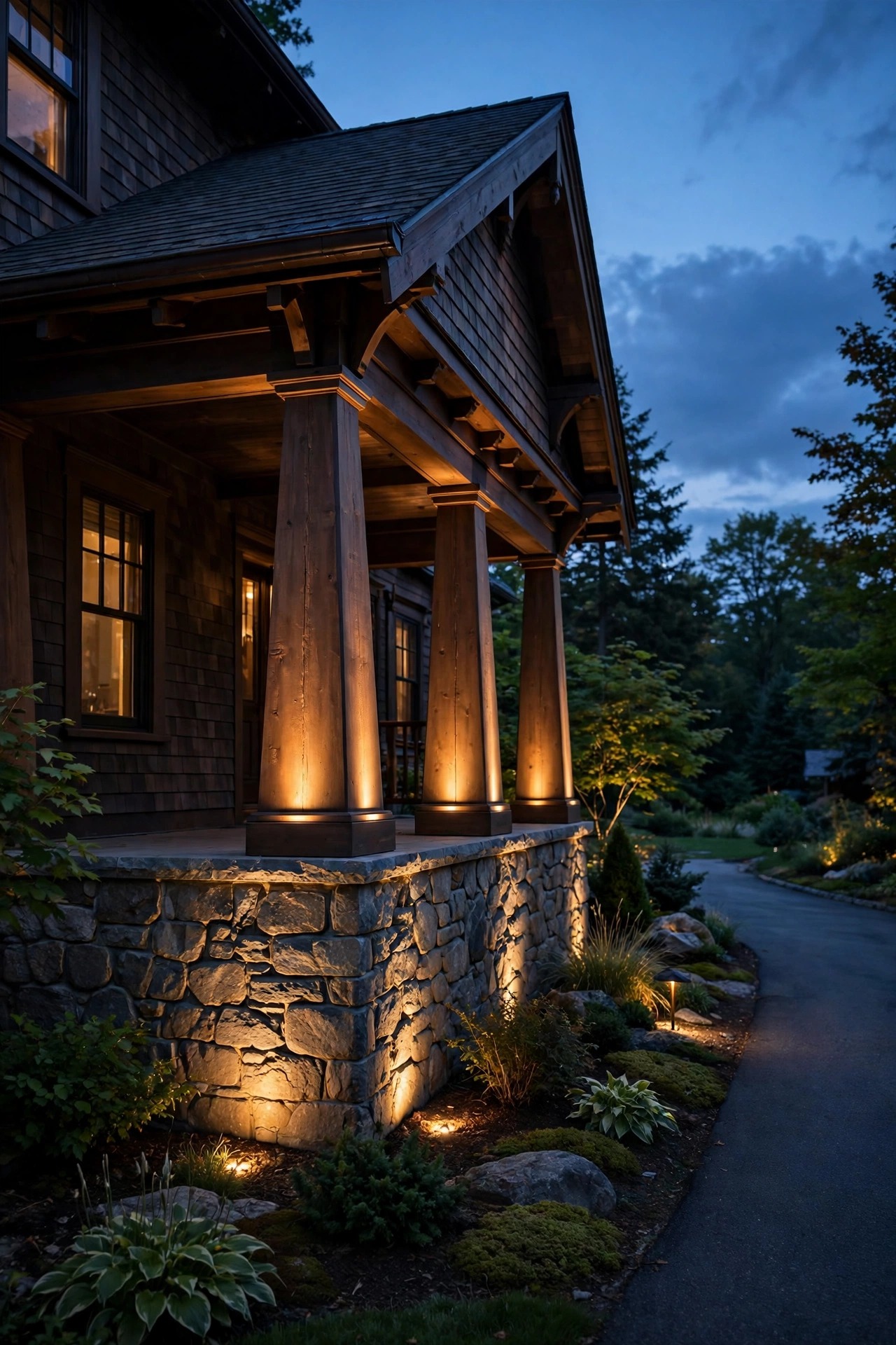 Pair of low uplights grazing warm light across a red brick colonial facade on either side of the entryway