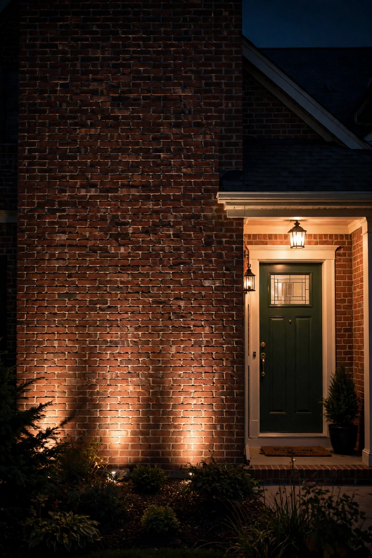 Warm uplights washing a home facade beside the front entry at night