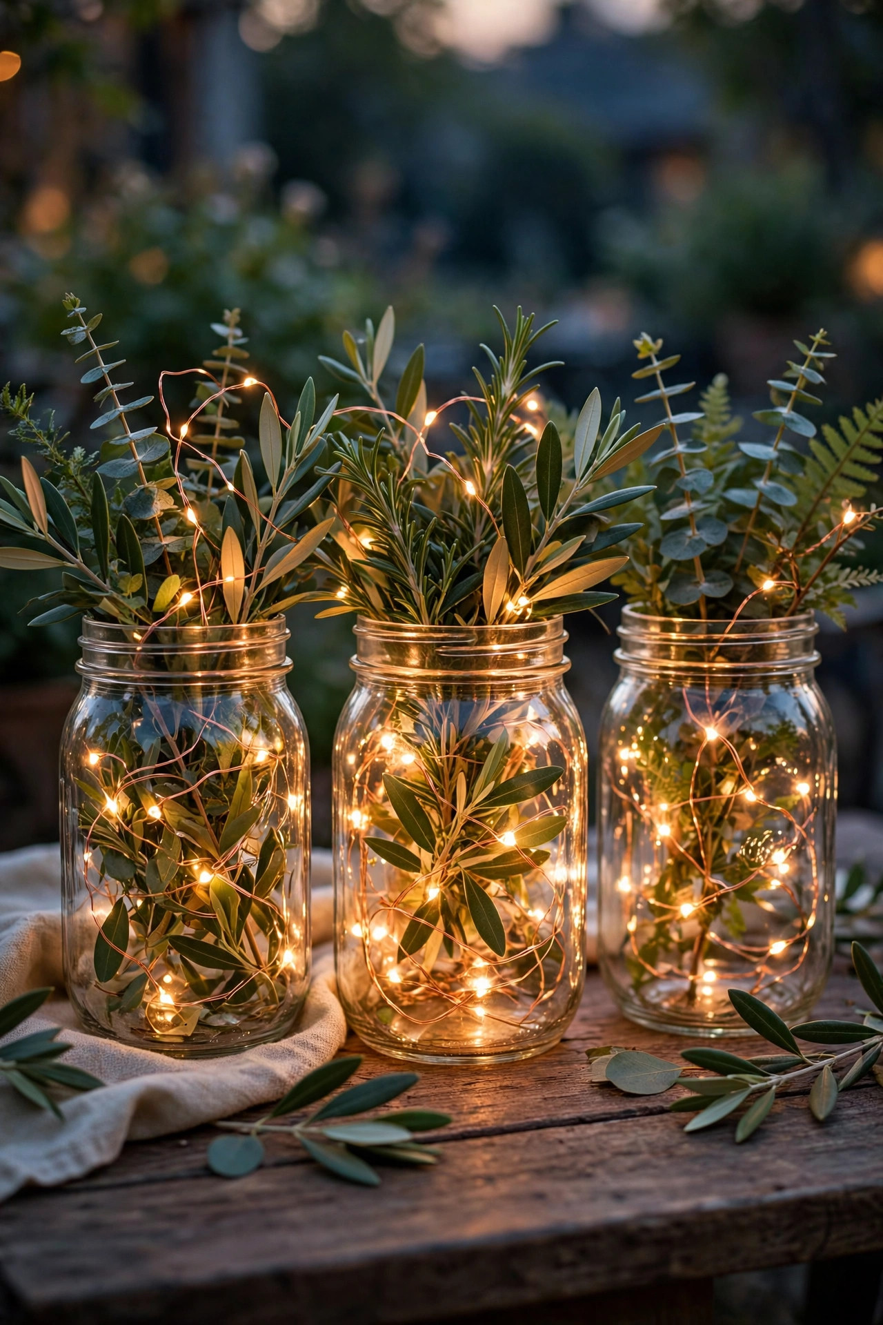 Mason jars filled with glowing copper wire fairy lights arranged on a rustic snack table beside a fire pit