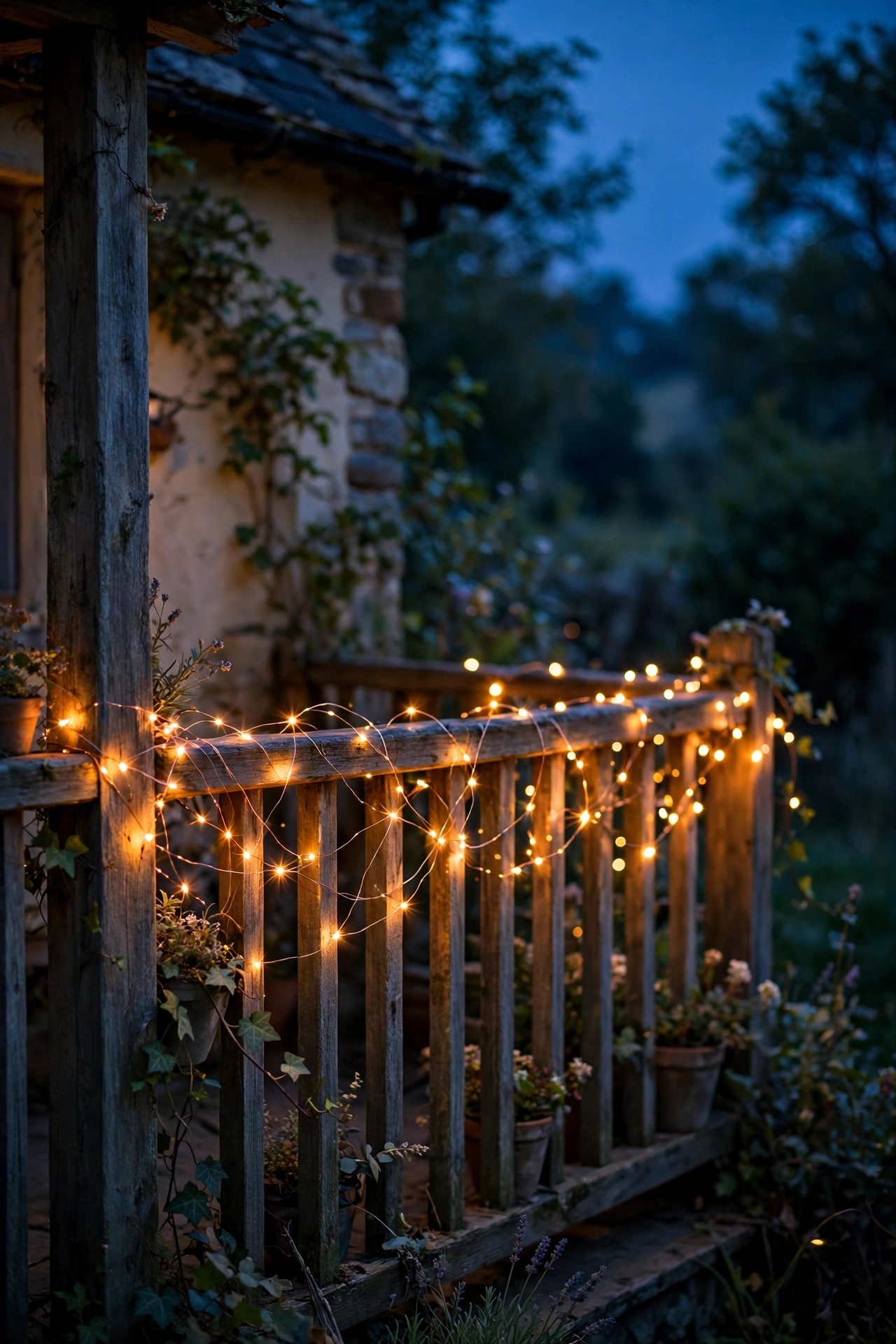 Copper-wire fairy lights wrapped along a cottage porch railing, sparkling warm against the twilight