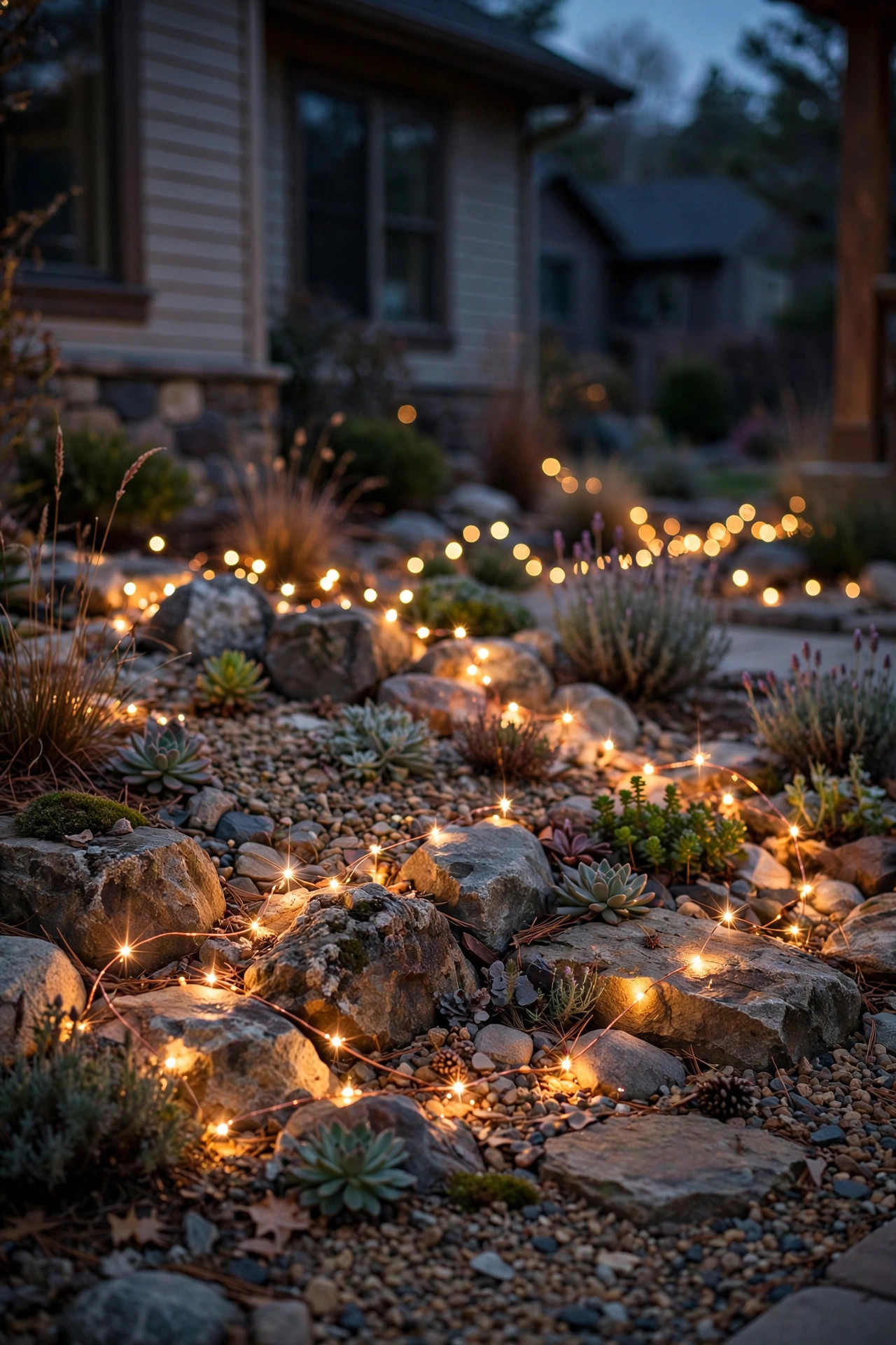 Copper-wire fairy lights woven through rocks and gravel sparkling softly in a front yard rock garden