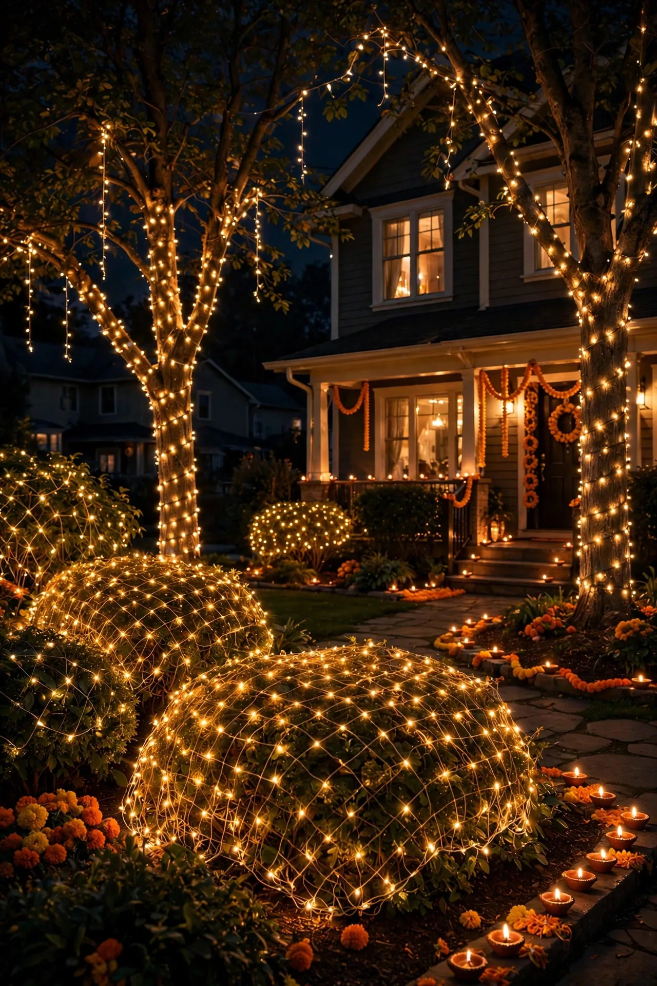 Front yard trees and bushes wrapped in warm golden fairy lights for Diwali night