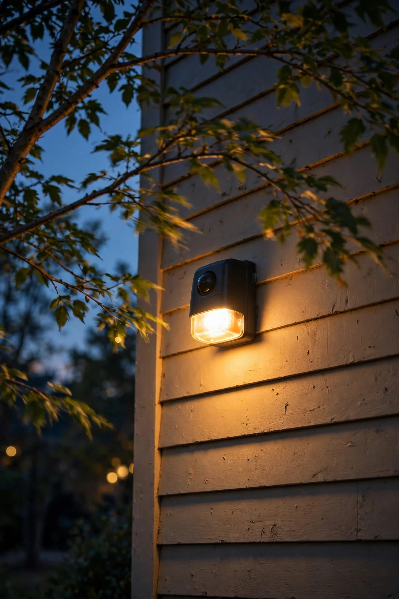 Tree branches swaying near a motion sensor outdoor light on a house wall at dusk, warm glow, illustrating a common cause of false triggers
