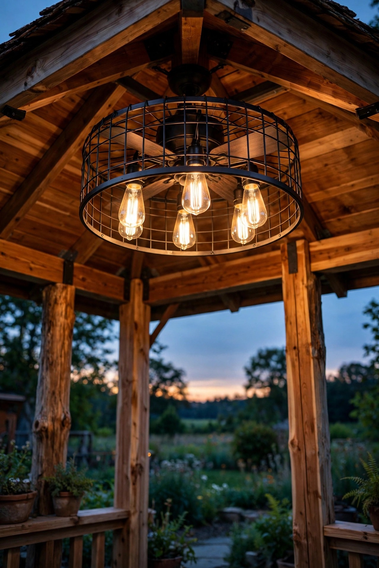 Farmhouse style caged ceiling fan with exposed filament LED bulbs in a cedar post gazebo