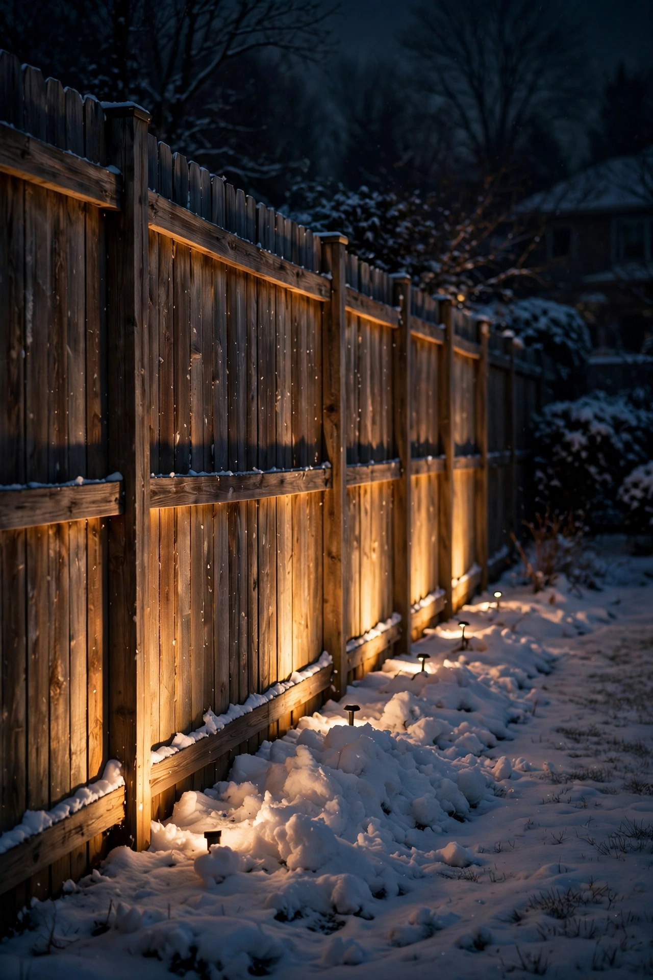 Wooden fence boards glowing with warm wash lighting above a snow-covered yard at night