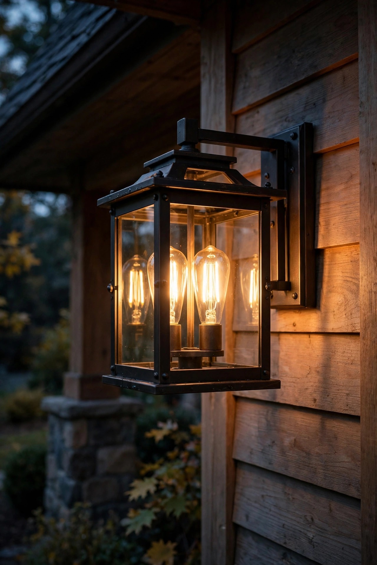 Filament-style LED bulbs glowing inside a craftsman porch lantern with warm vintage light