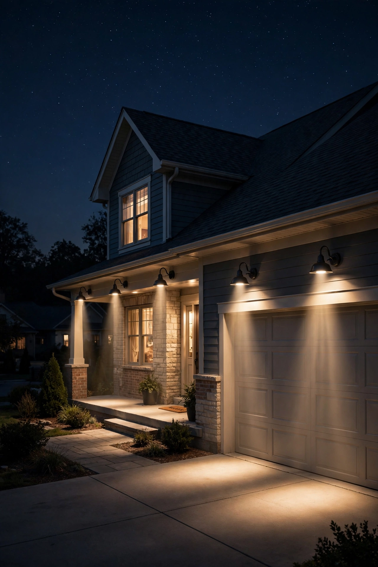 Diagram-style photo showing correct downward aiming of dark sky outdoor lighting fixtures on a house