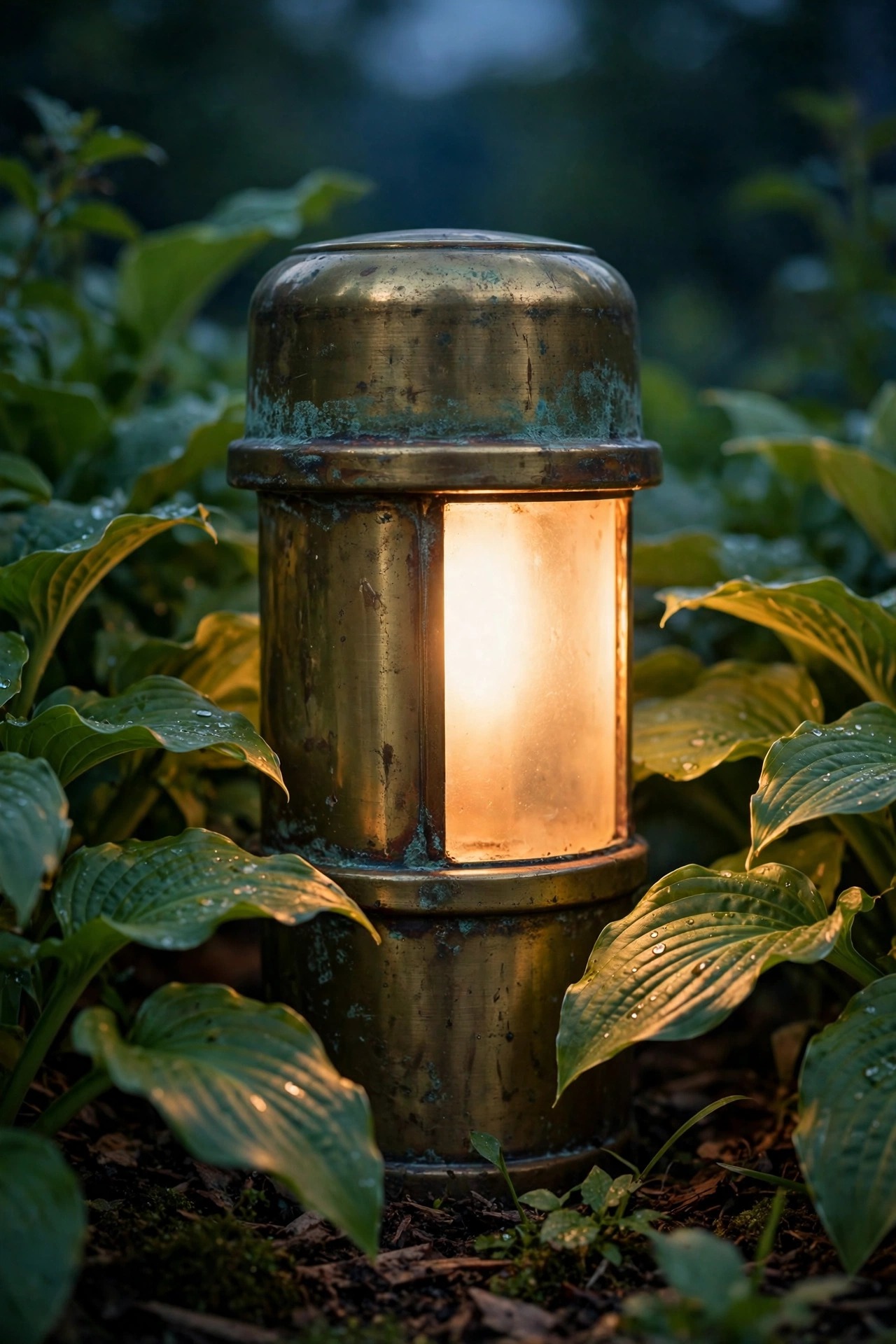 Close-up dusk photo of a solid brass path light with a soft aged patina glowing warmly among green hostas