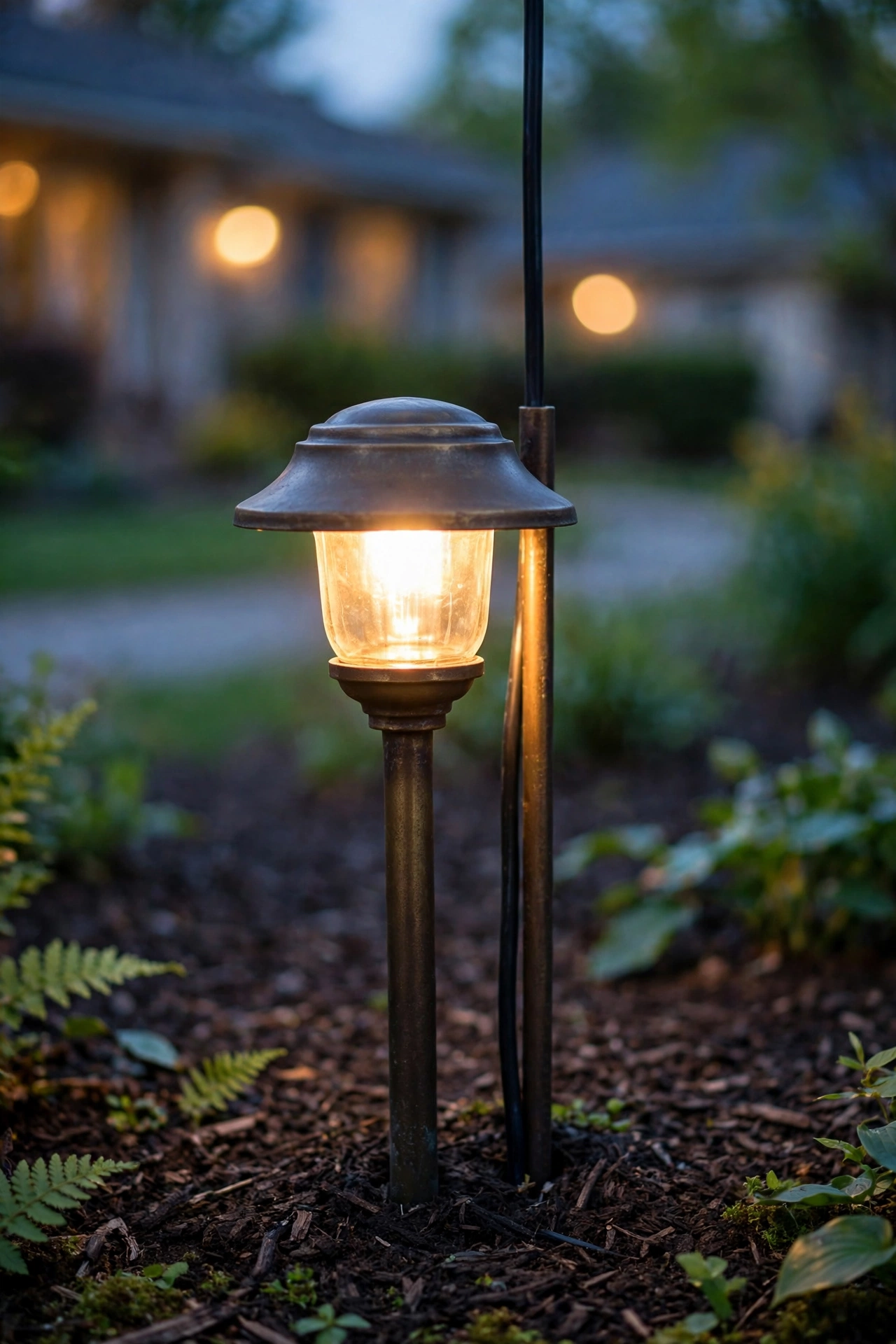 Path light fixture at dusk with its cable rising tightly behind the stake, showing how to hide landscape lighting wire at the fixture