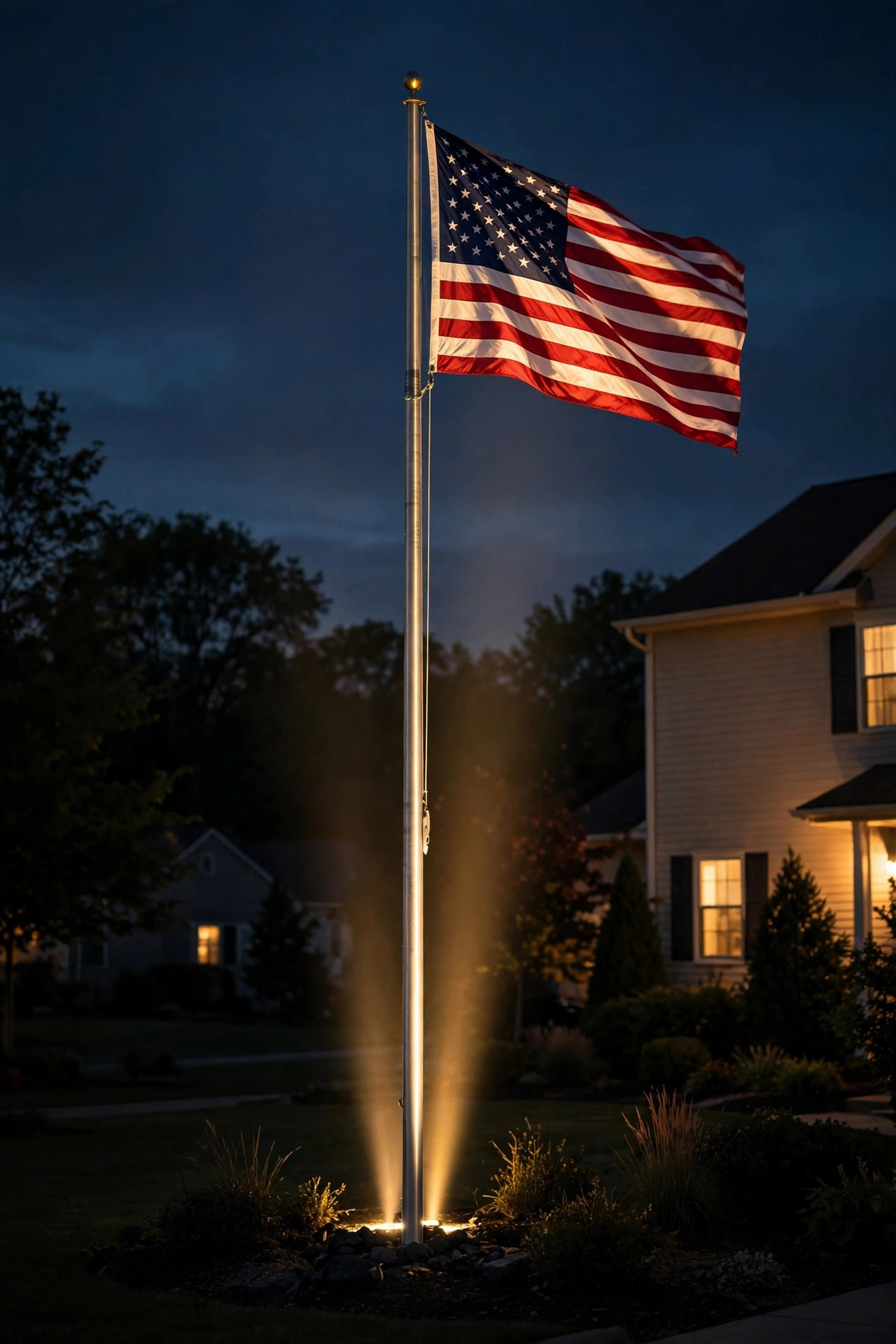 American flag on a tall residential flagpole illuminated at night by a narrow beam spotlight from the ground