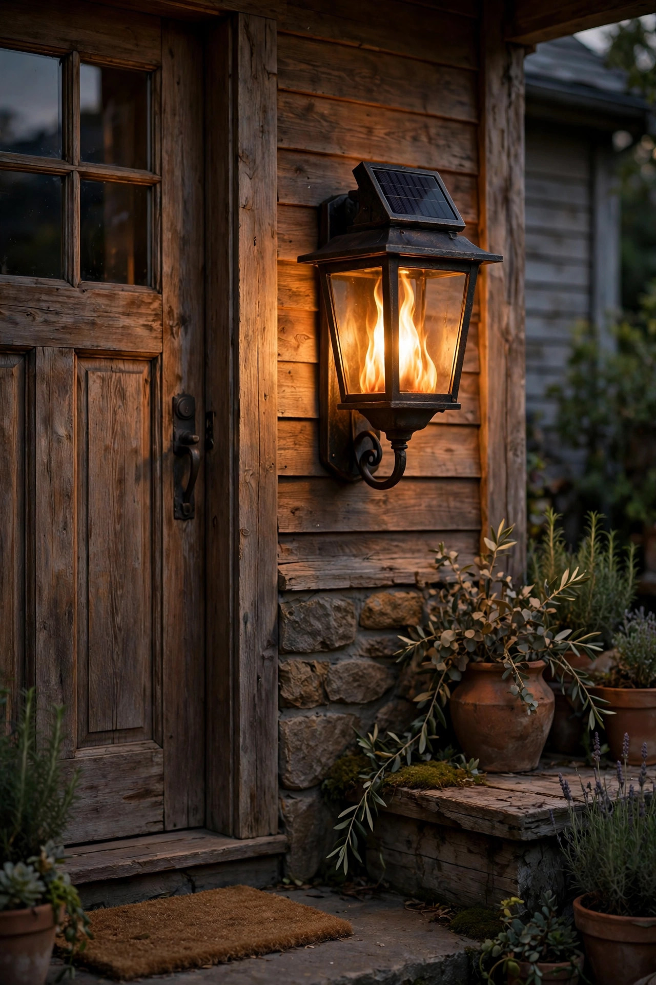 Flame-effect solar wall sconce with realistic flickering amber light beside a rustic porch door