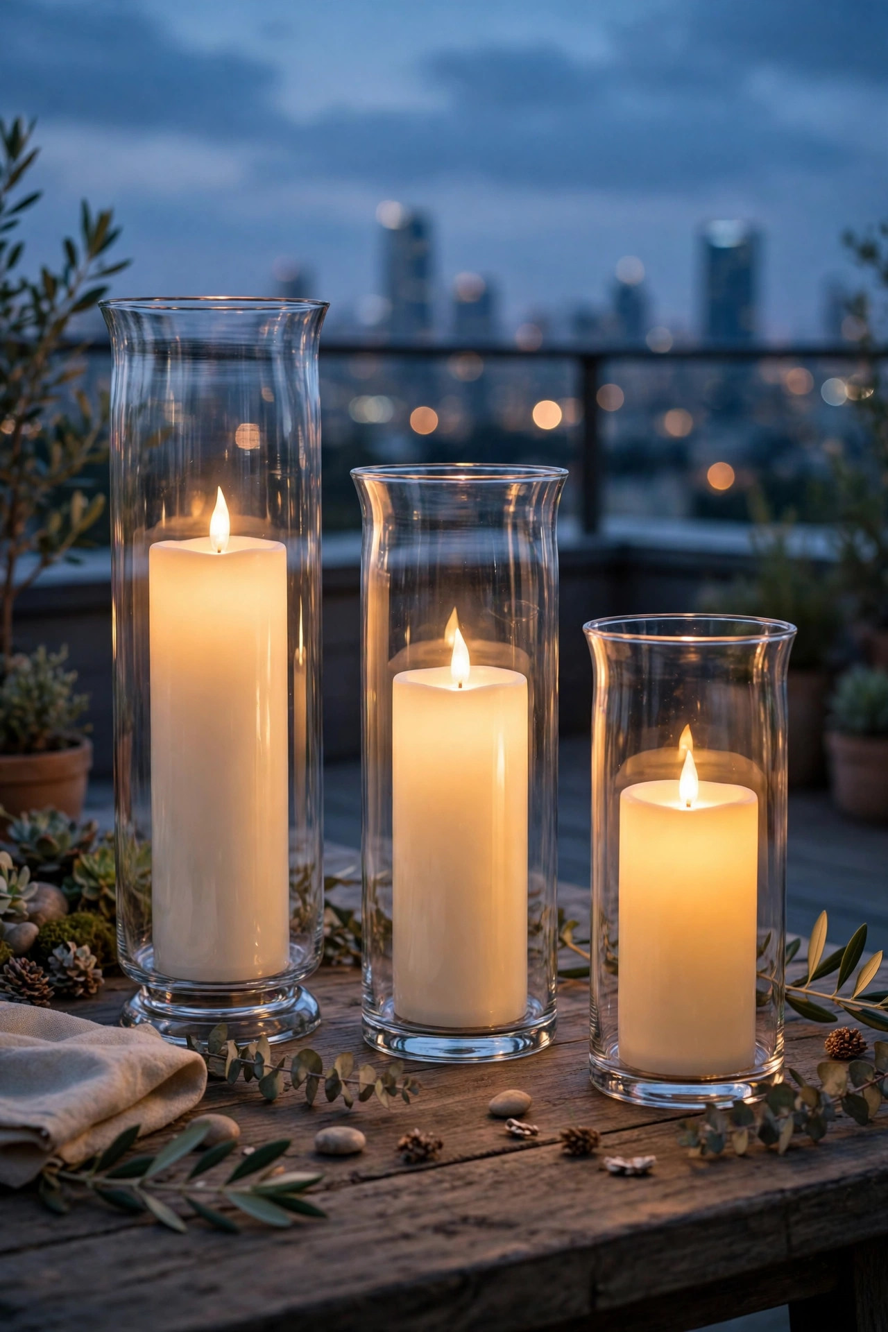 Flameless candles flickering inside tall glass hurricanes on a rooftop deck table at dusk