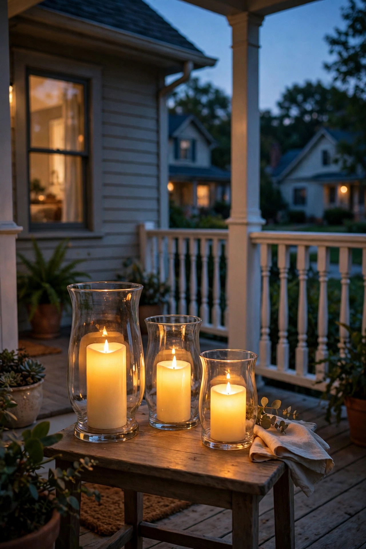 Flameless LED candles in glass hurricane holders glowing on a small table on an open porch