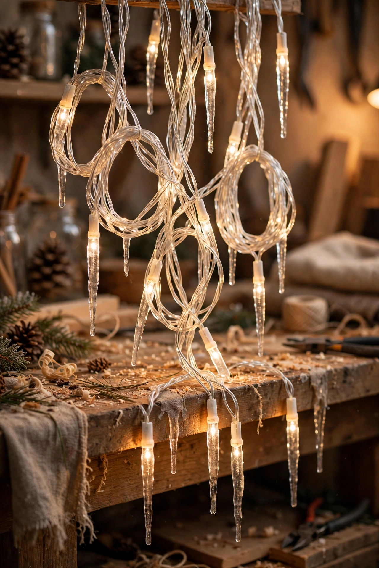 Icicle Christmas lights folded back and forth in loose flat passes with drops hanging in the same direction