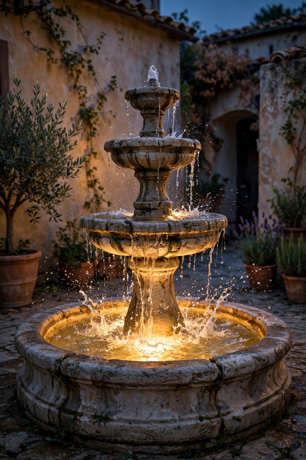 Tiered stone fountain in a Mediterranean front courtyard at dusk lit from within the basin, water droplets sparkling in warm light