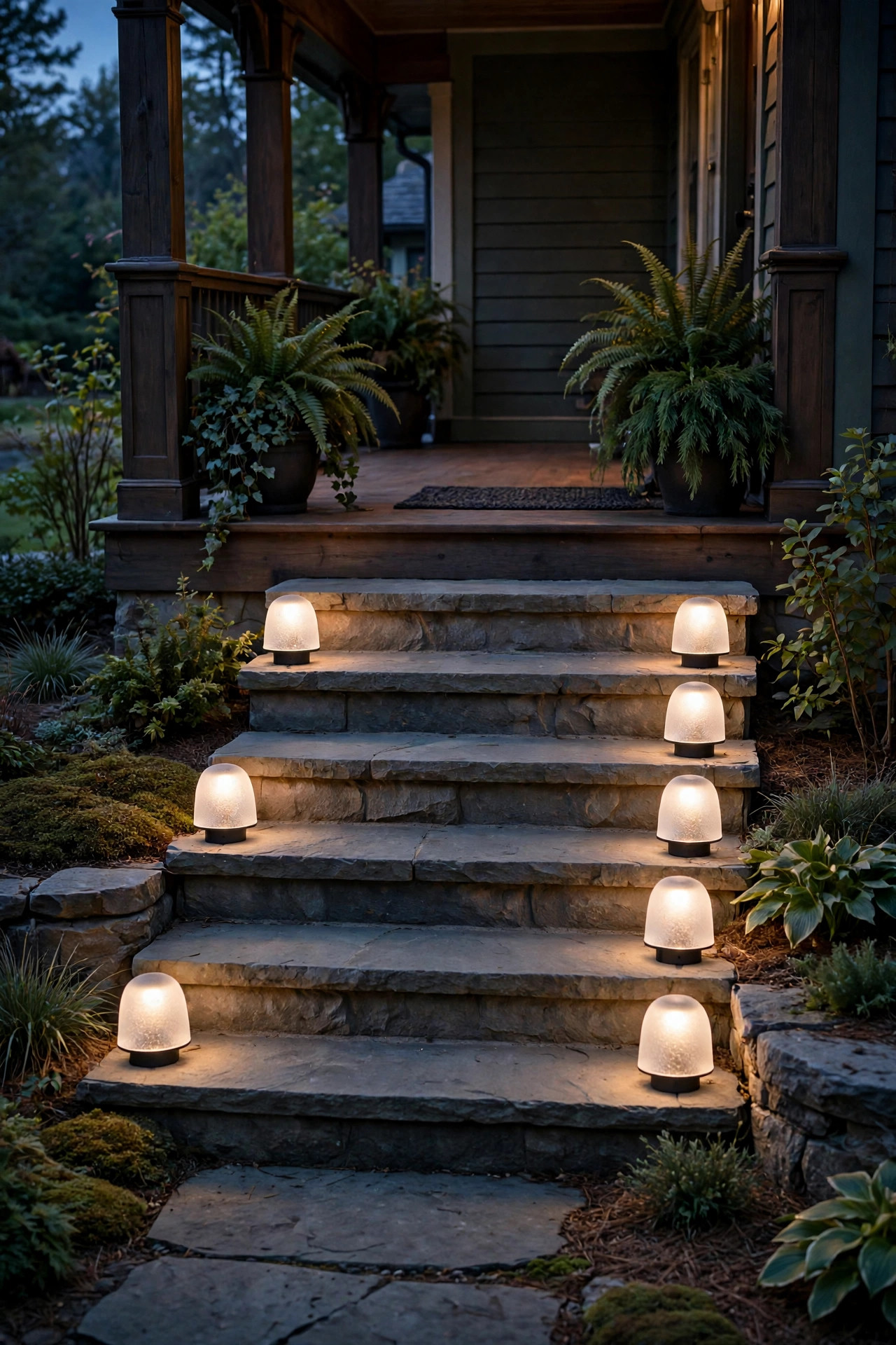 Low frosted dome path lights washing porch steps with soft glare-free light