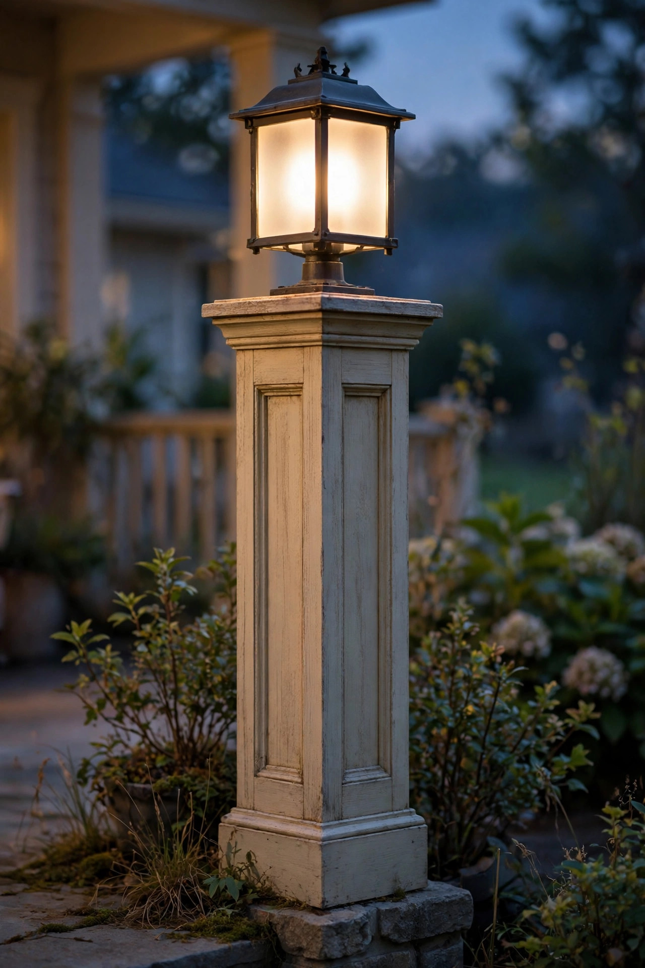 Frosted glass pier light glowing softly on a porch column