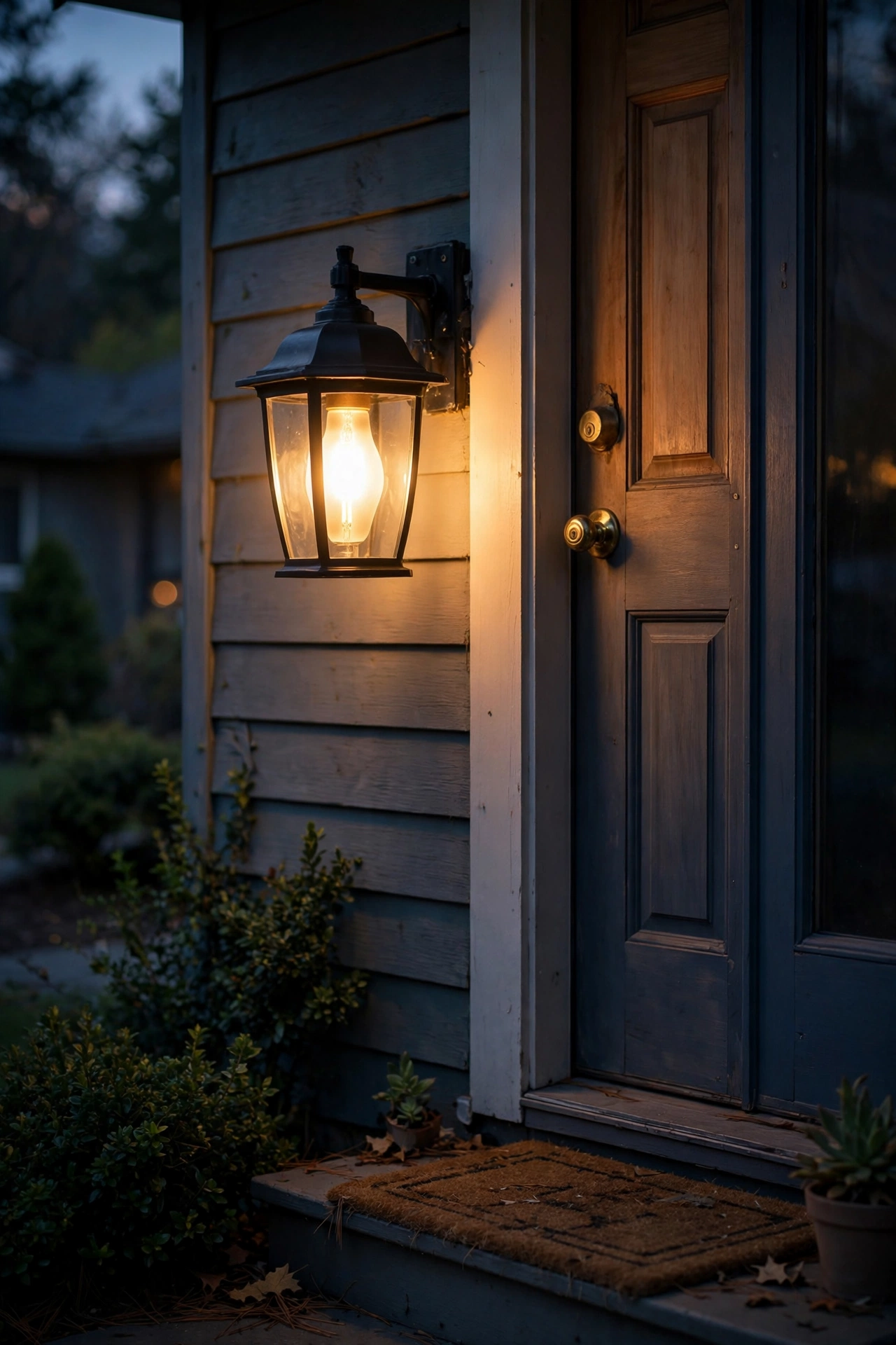 Warm frosted filament LED bulb glowing in a porch light fixture at dusk