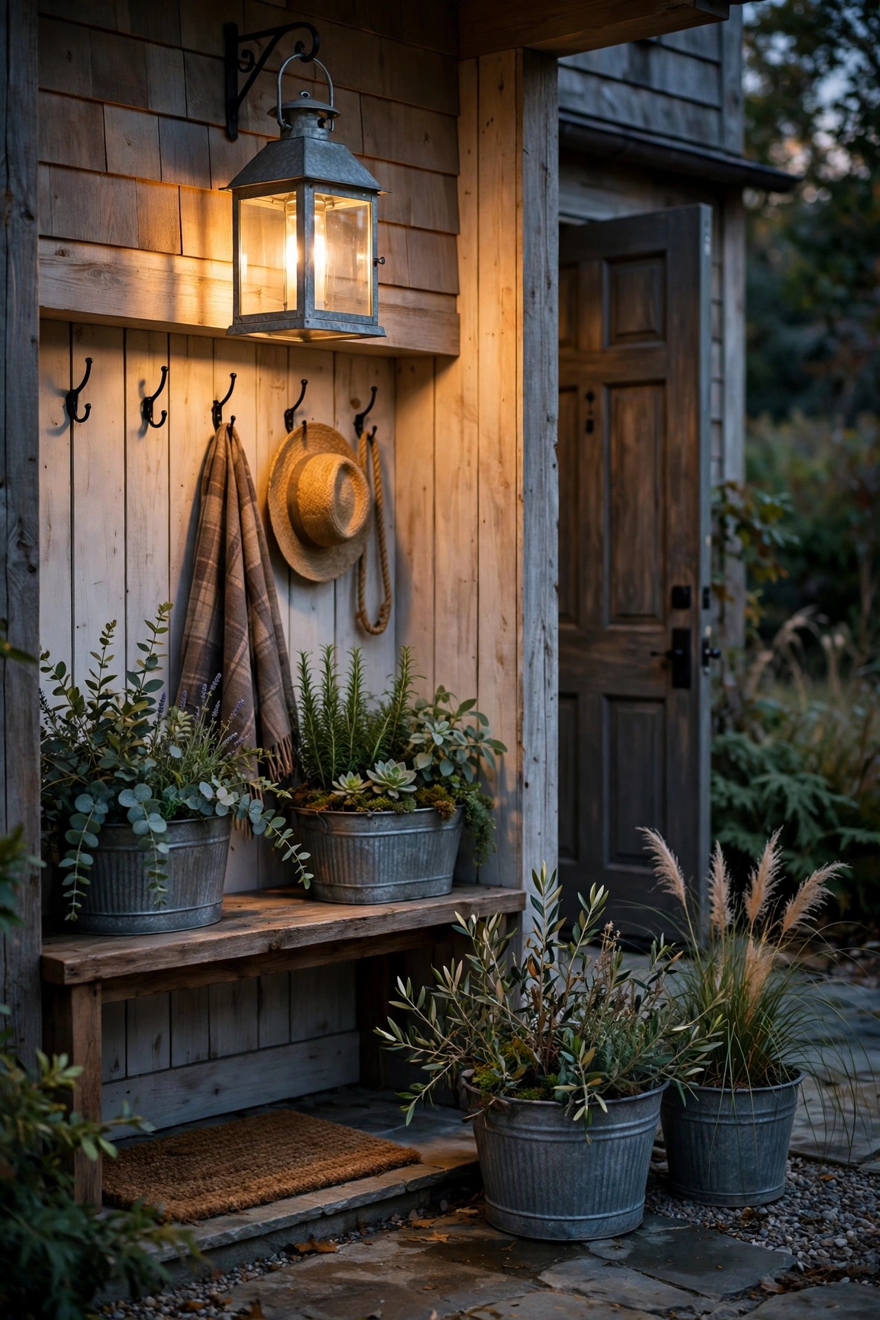 Galvanized metal lantern and planters accenting a farmhouse mudroom entry with warm evening light