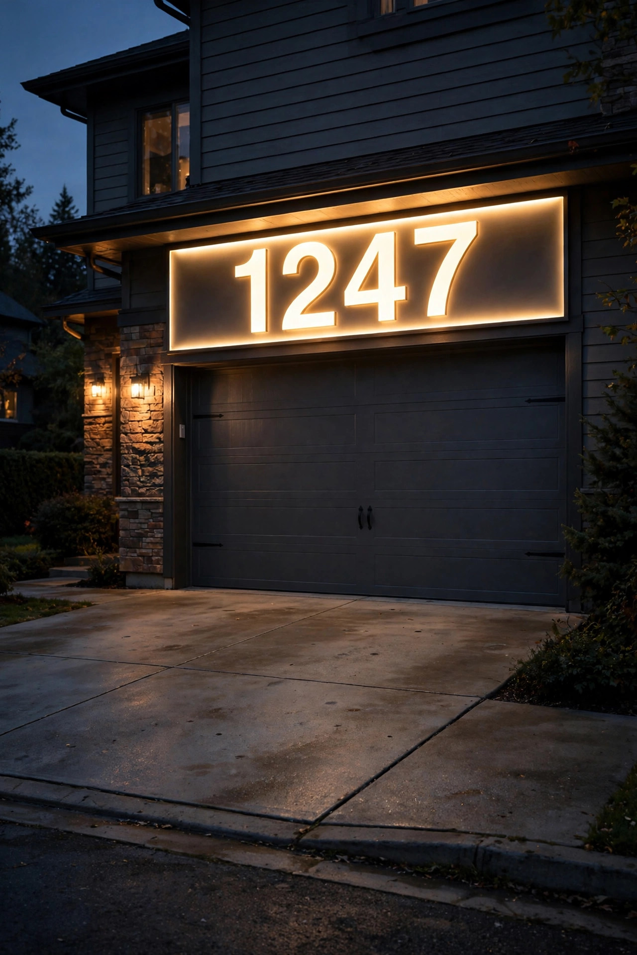 Wide backlit address plaque mounted above a garage door visible from the street at night