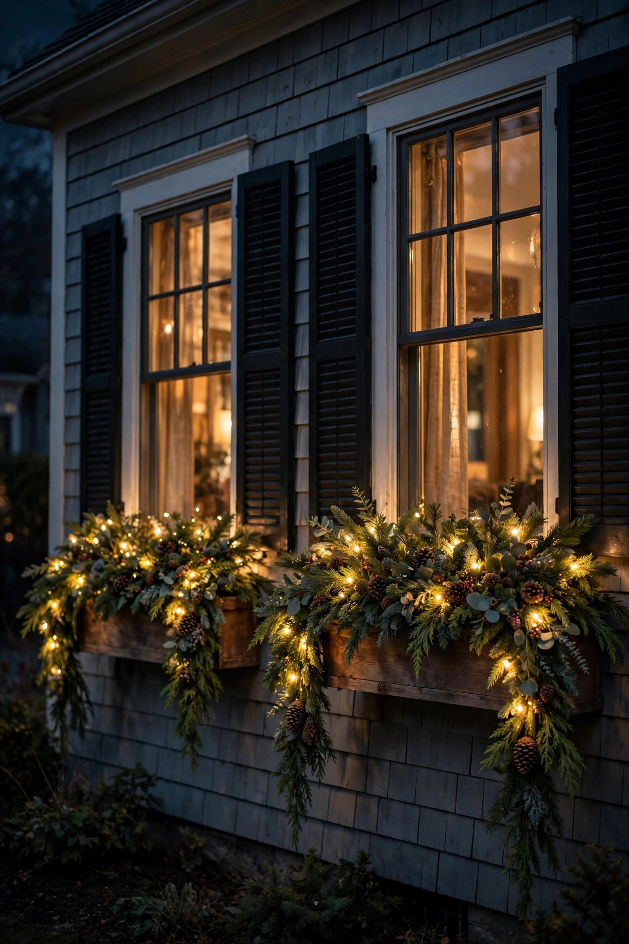 Pre-lit garland draped over window boxes with warm lights and pinecones on a house at night