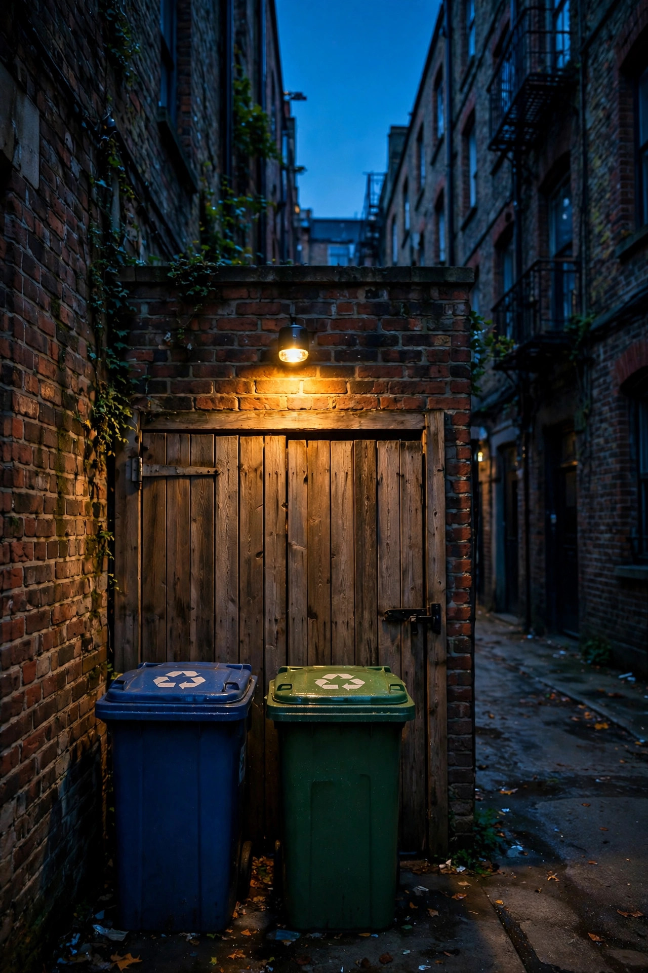 Small motion light glowing over a wooden gate and recycling bins in an urban alley at dusk