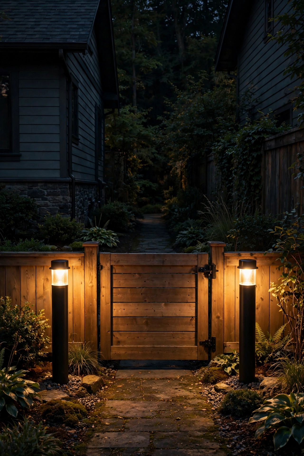 Pair of warm bollard lights flanking a wooden side gate at night