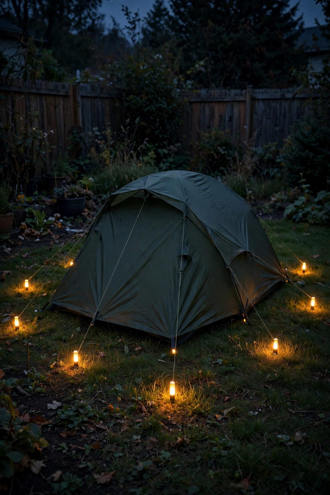Tent guy lines in a dark backyard marked with small glowing markers at ankle height