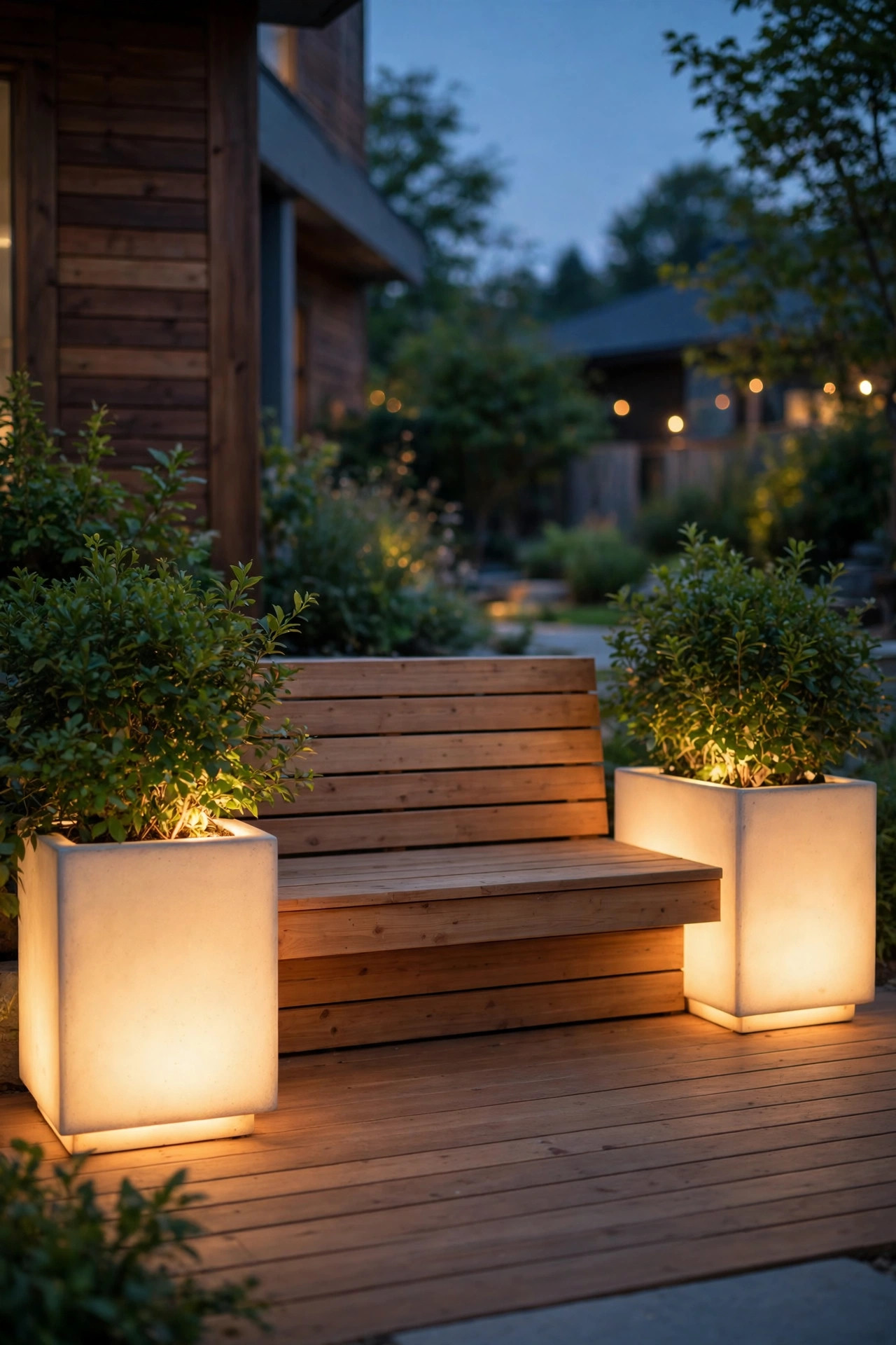 Two softly glowing illuminated planters with green shrubs flanking the ends of a built-in deck bench at dusk