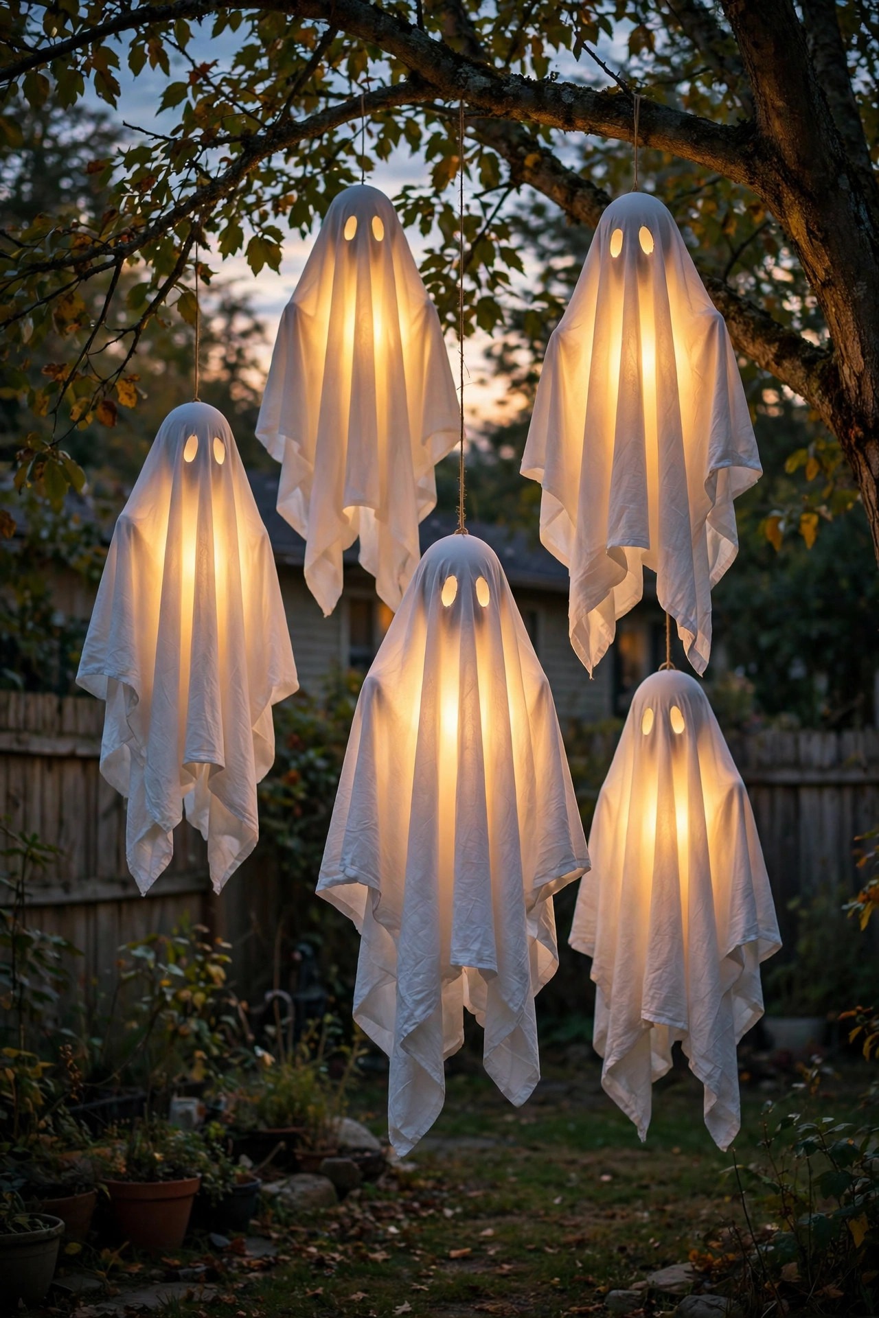 White sheet ghosts glowing from within, hanging from backyard tree branches