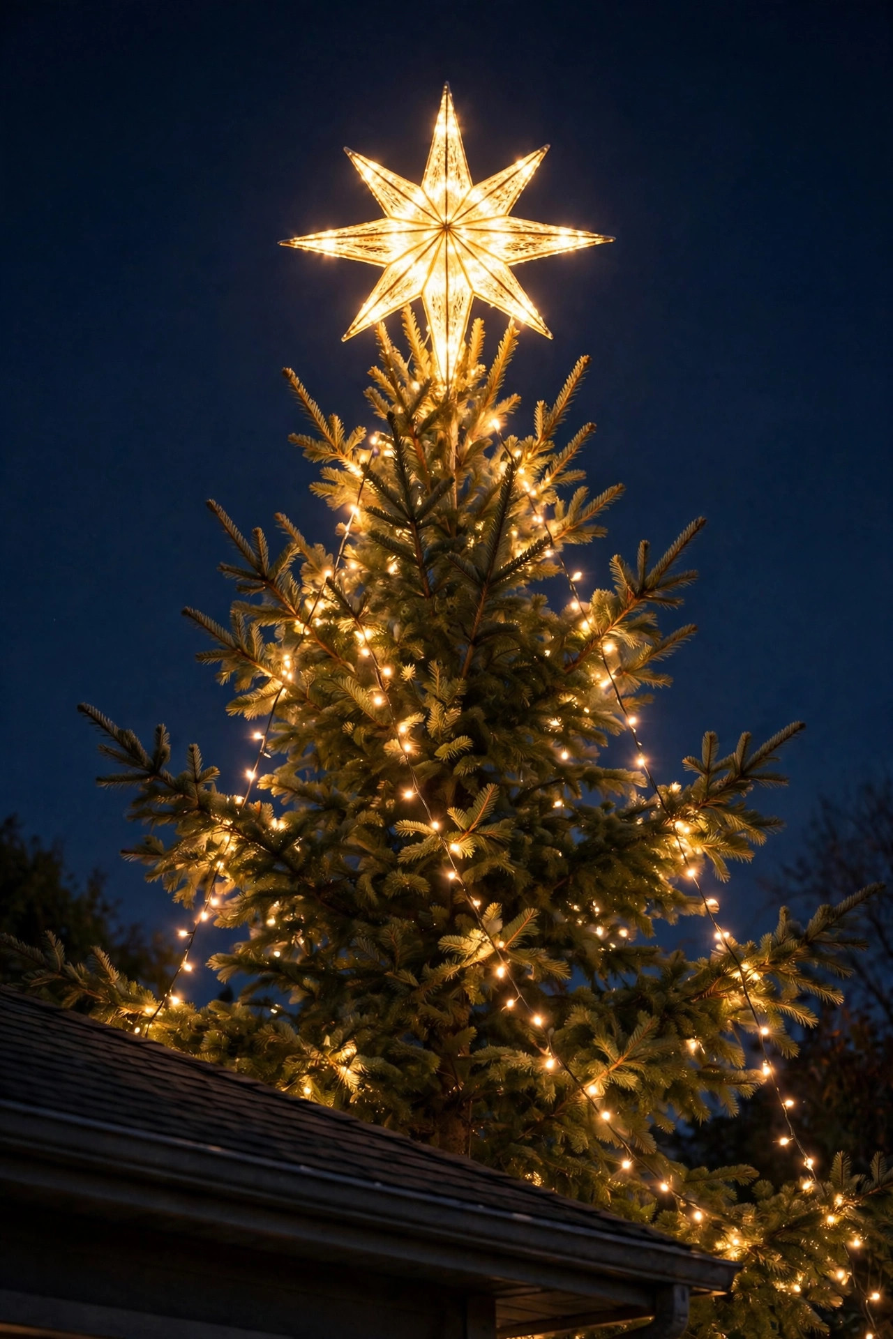 Glowing star topper on a lit outdoor Christmas tree against a dark evening sky