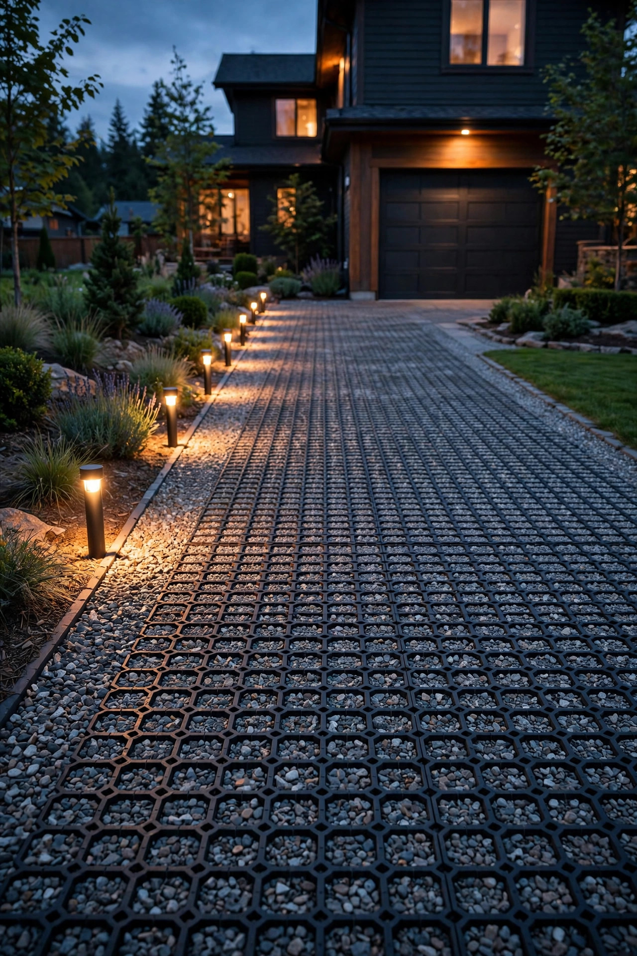 Gravel driveway stabilized with permeable grid panels and neat marker lights glowing along the edge at dusk