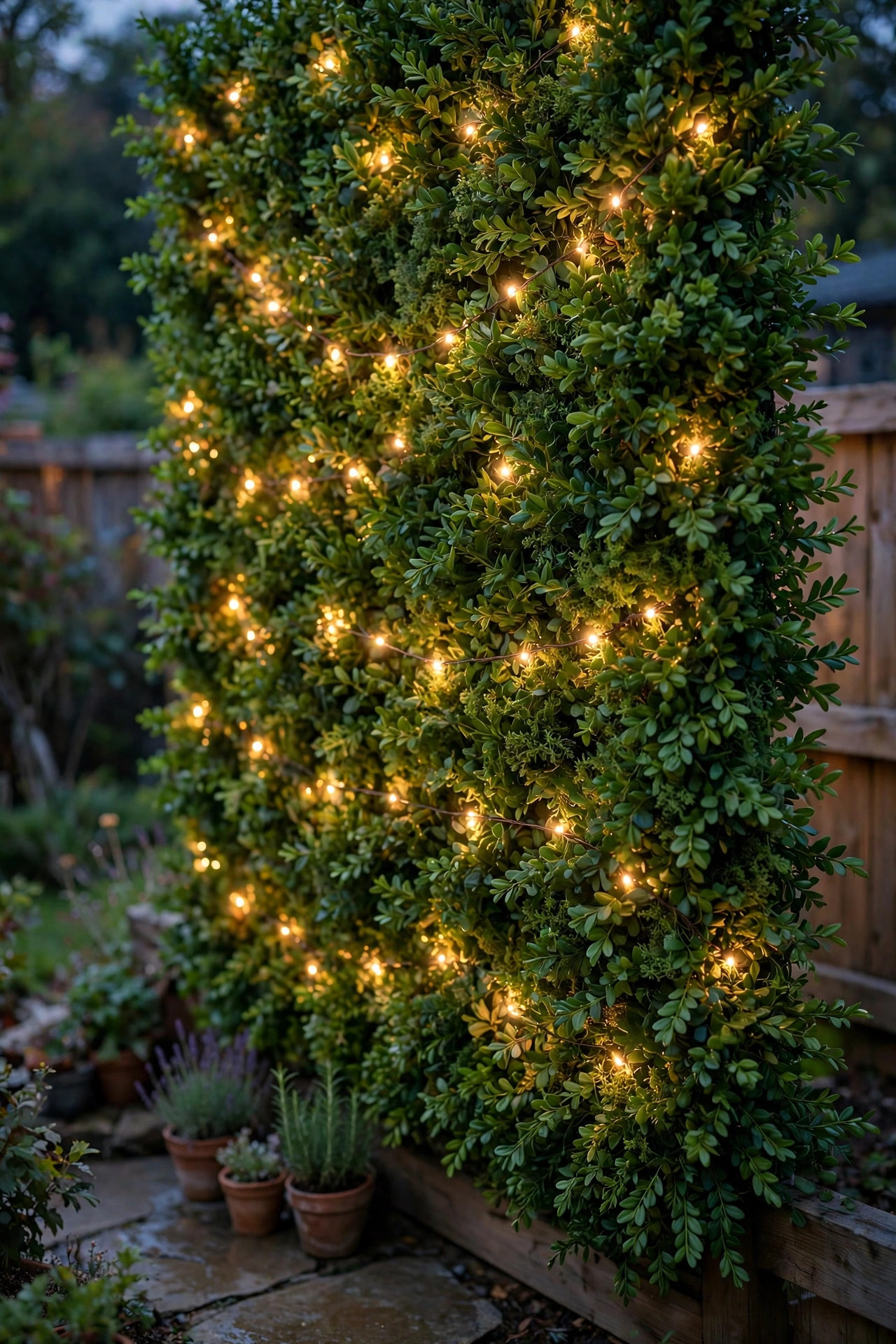 Greenery wall backdrop with warm fairy lights woven through the leaves glowing softly at dusk