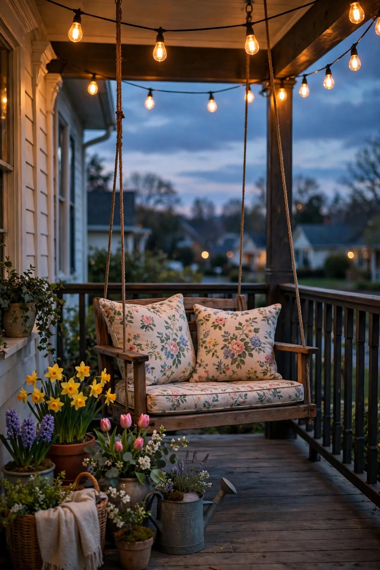 Amber Edison bulb string lights hanging over a porch swing with cushions at evening