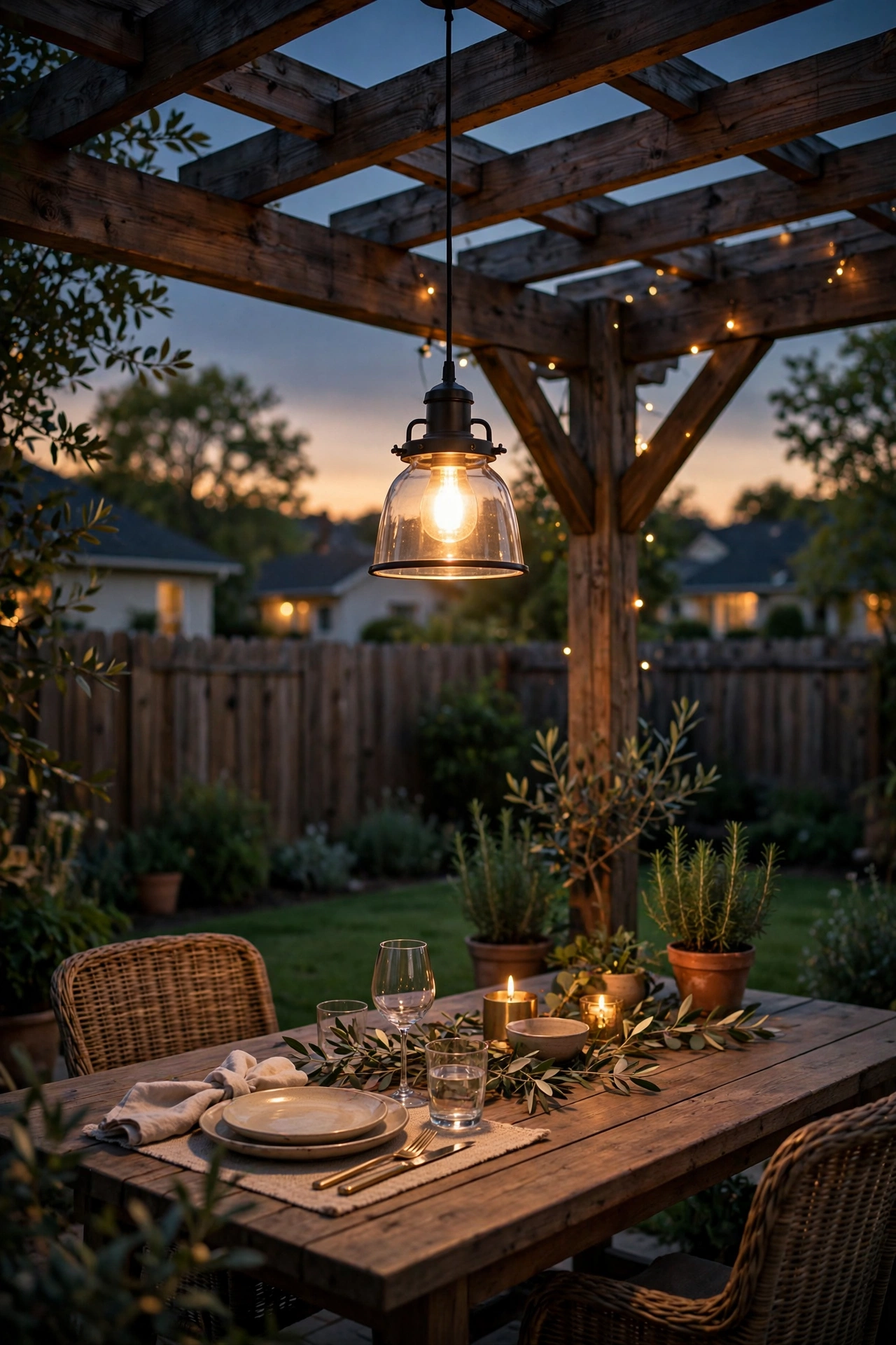Outdoor pendant light hanging over a pergola dining table at dusk