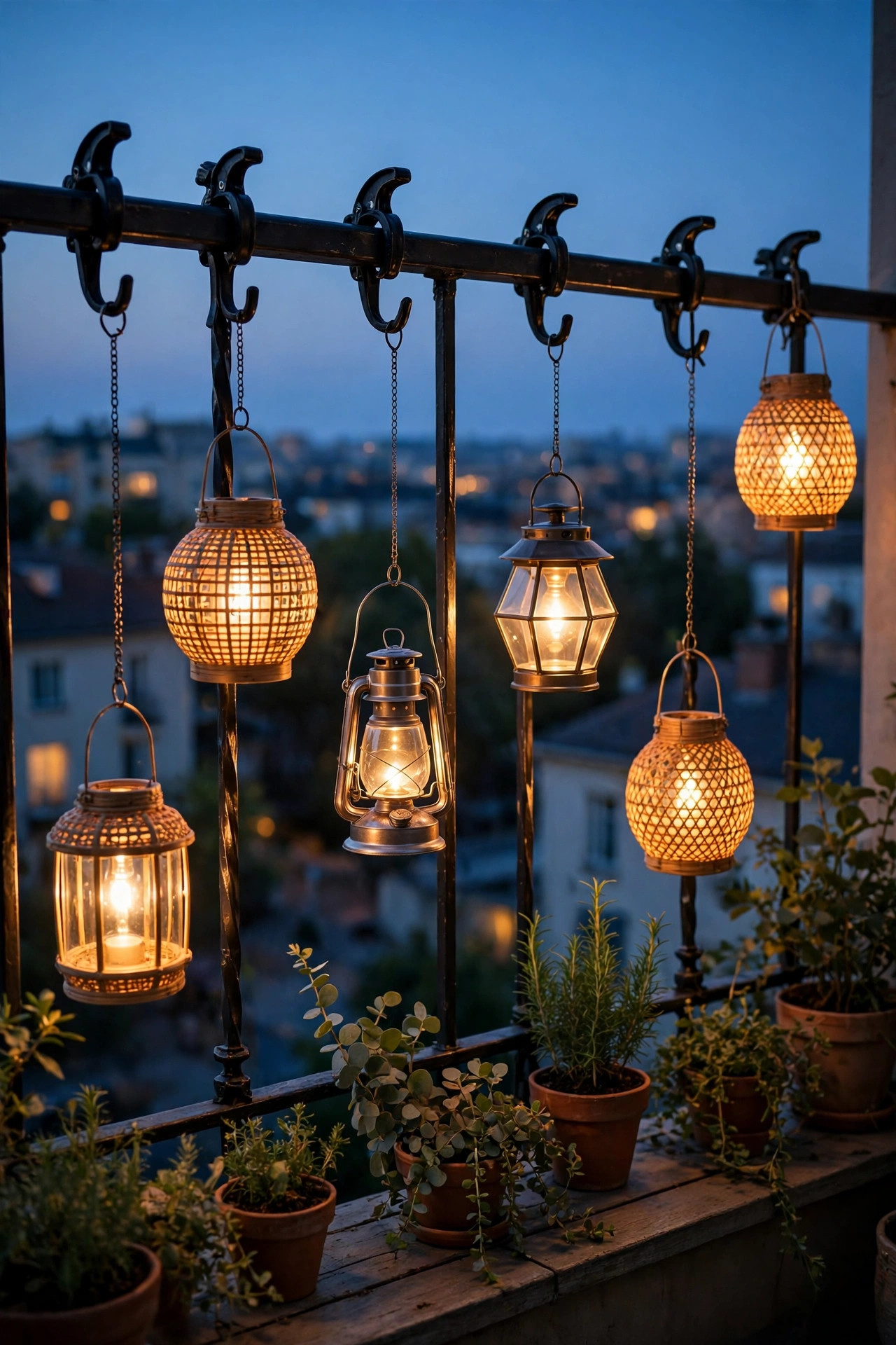 Solar lanterns hanging at varied heights from clamp-on hooks along a balcony railing glowing at twilight