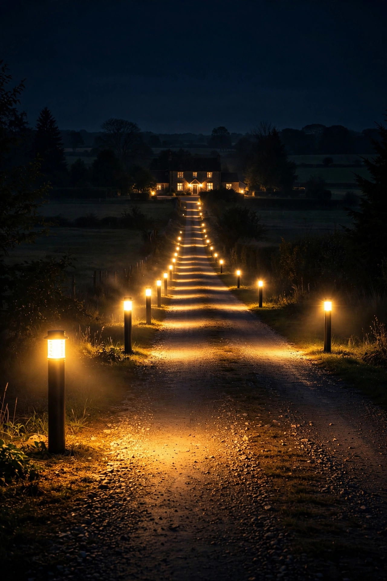 Bright hardwired driveway bollard lights illuminating a long rural driveway at night