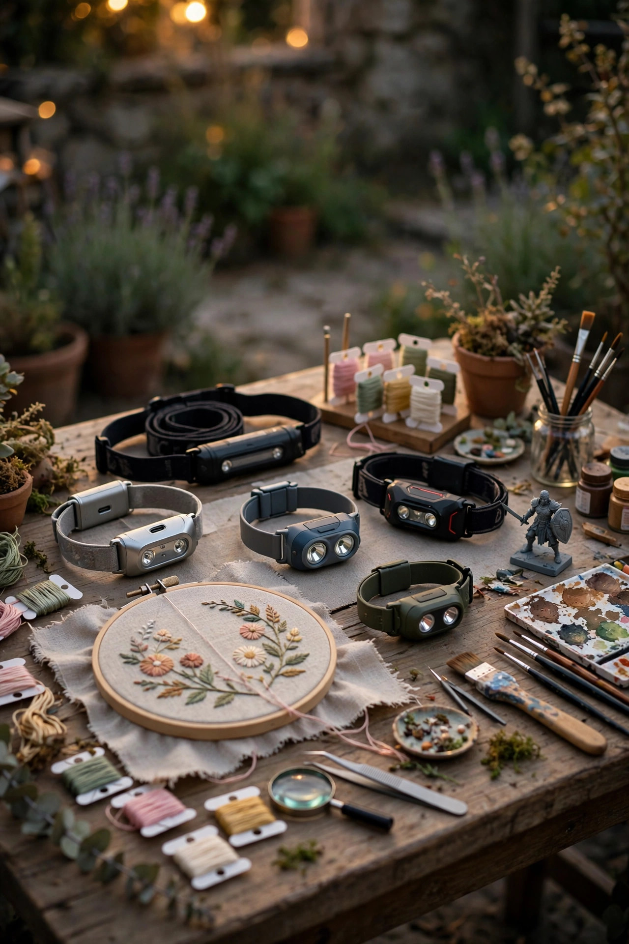 Rechargeable headlamps laid out on an outdoor craft table for fine detail work like embroidery and miniatures