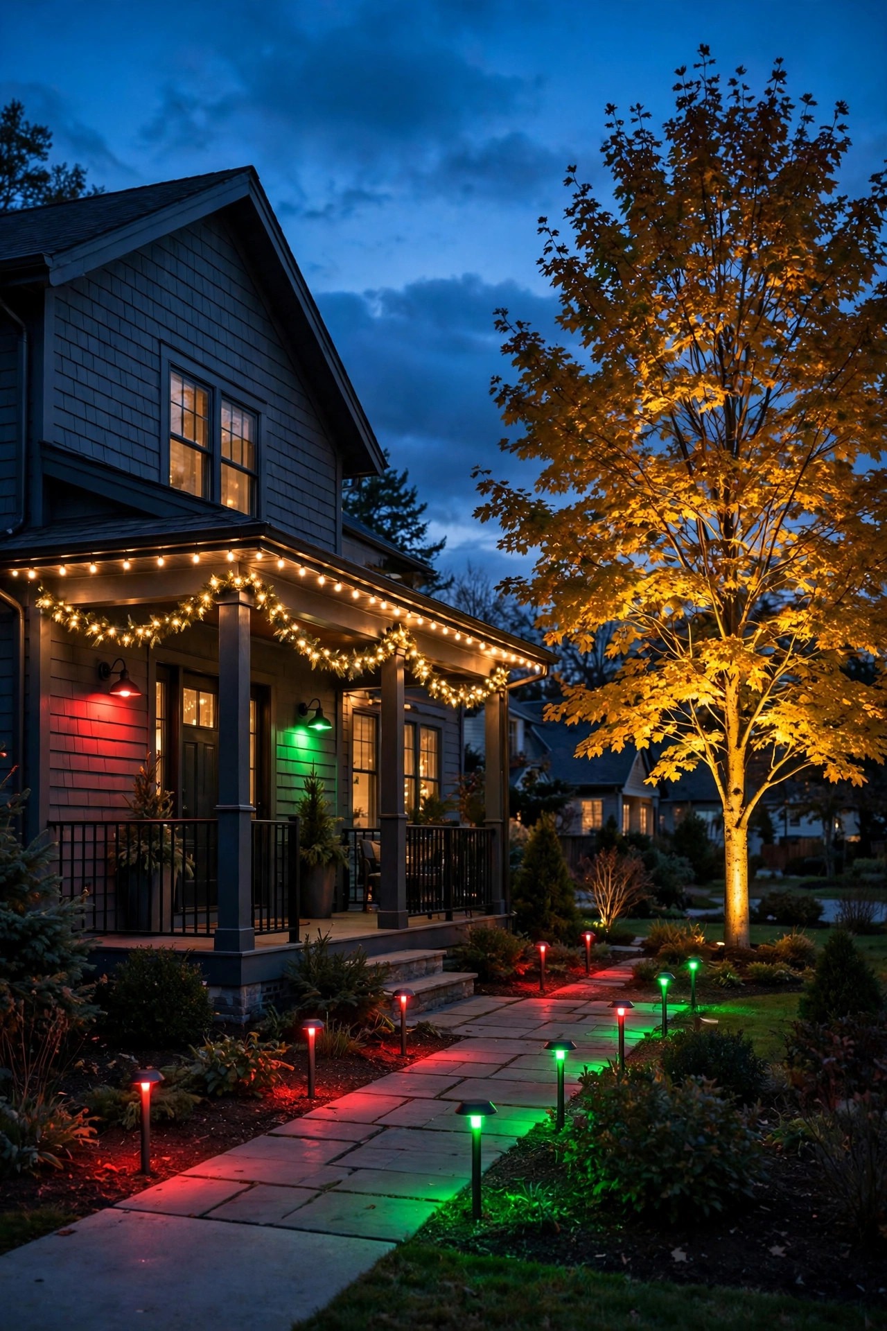 Home decorated with a saved holiday lighting scene, red and green color changing smart outdoor lights, warm white string lights and a golden uplighted tree