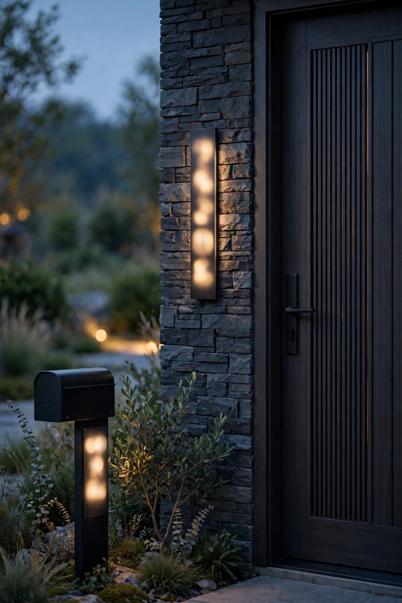 Backlit modern house numbers glowing softly beside a front door at dusk, slim number plaque on a mailbox post nearby