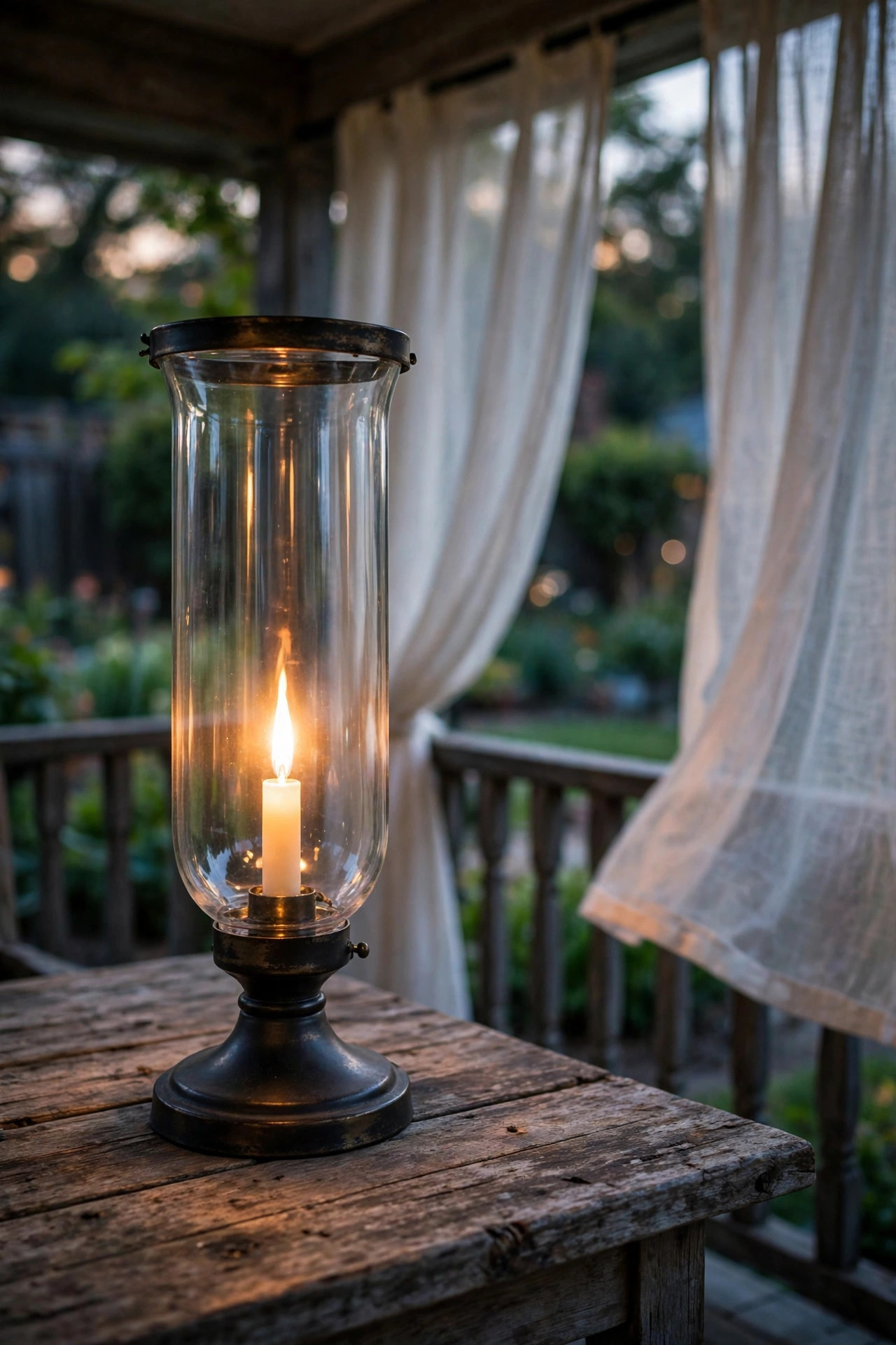 Hurricane glass outdoor table lamp with LED candle glowing on a windy porch